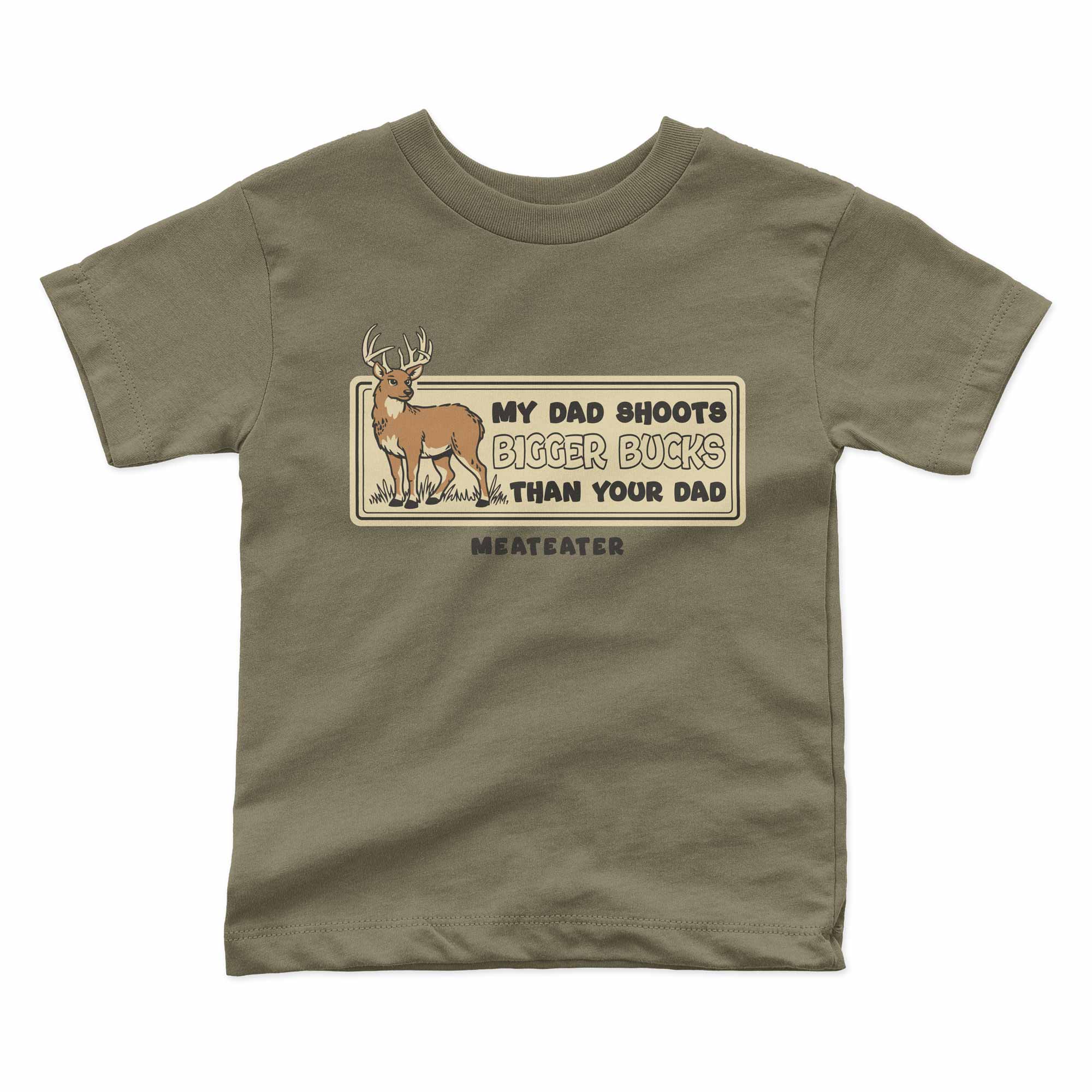 Green t-shirt with a graphic of a deer and text on a white background