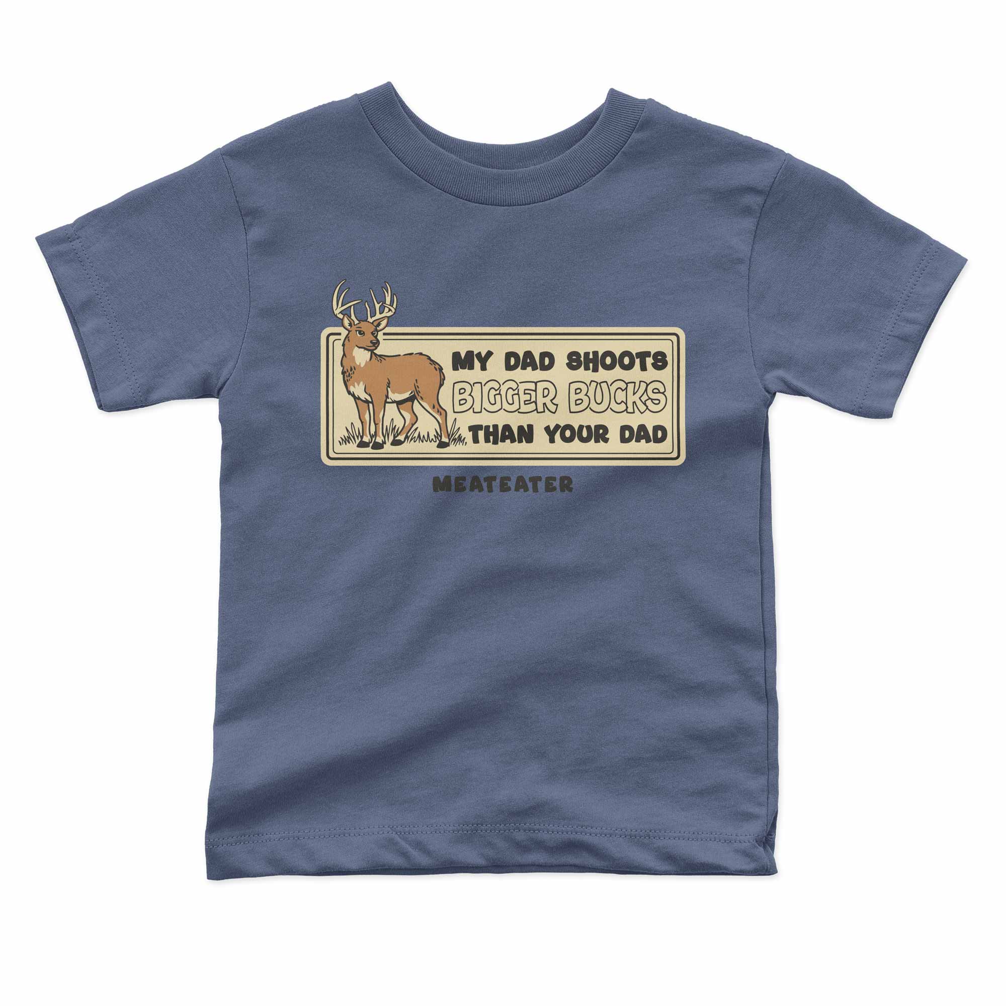 Blue t-shirt with a graphic of a deer and text on a white background