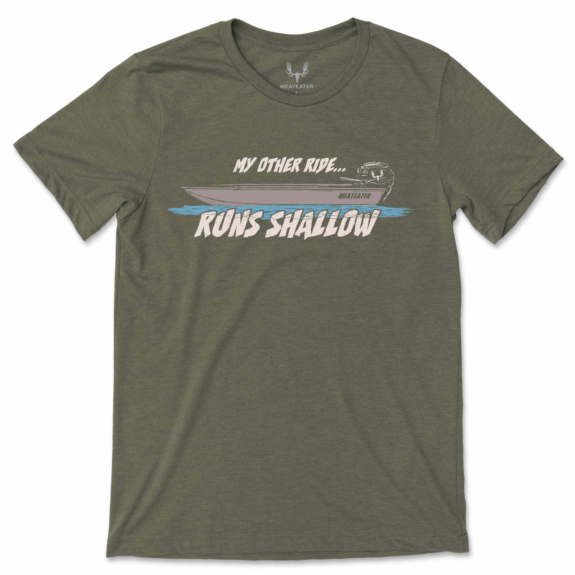 Green t-shirt with boat graphic design and text on a white background