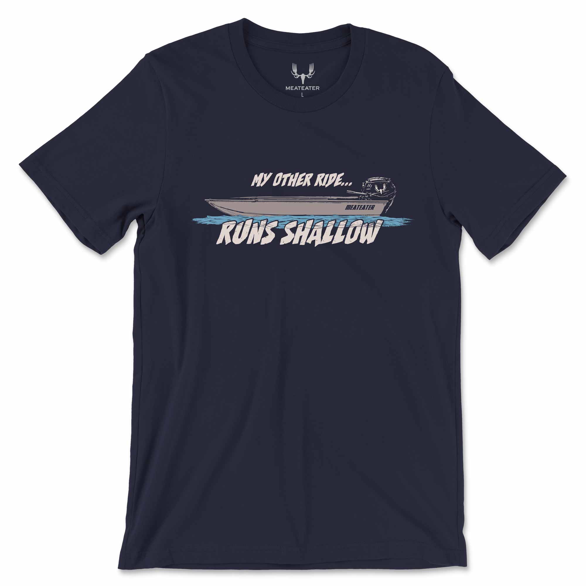 Navy shirt with jon boat graphic on a white background.