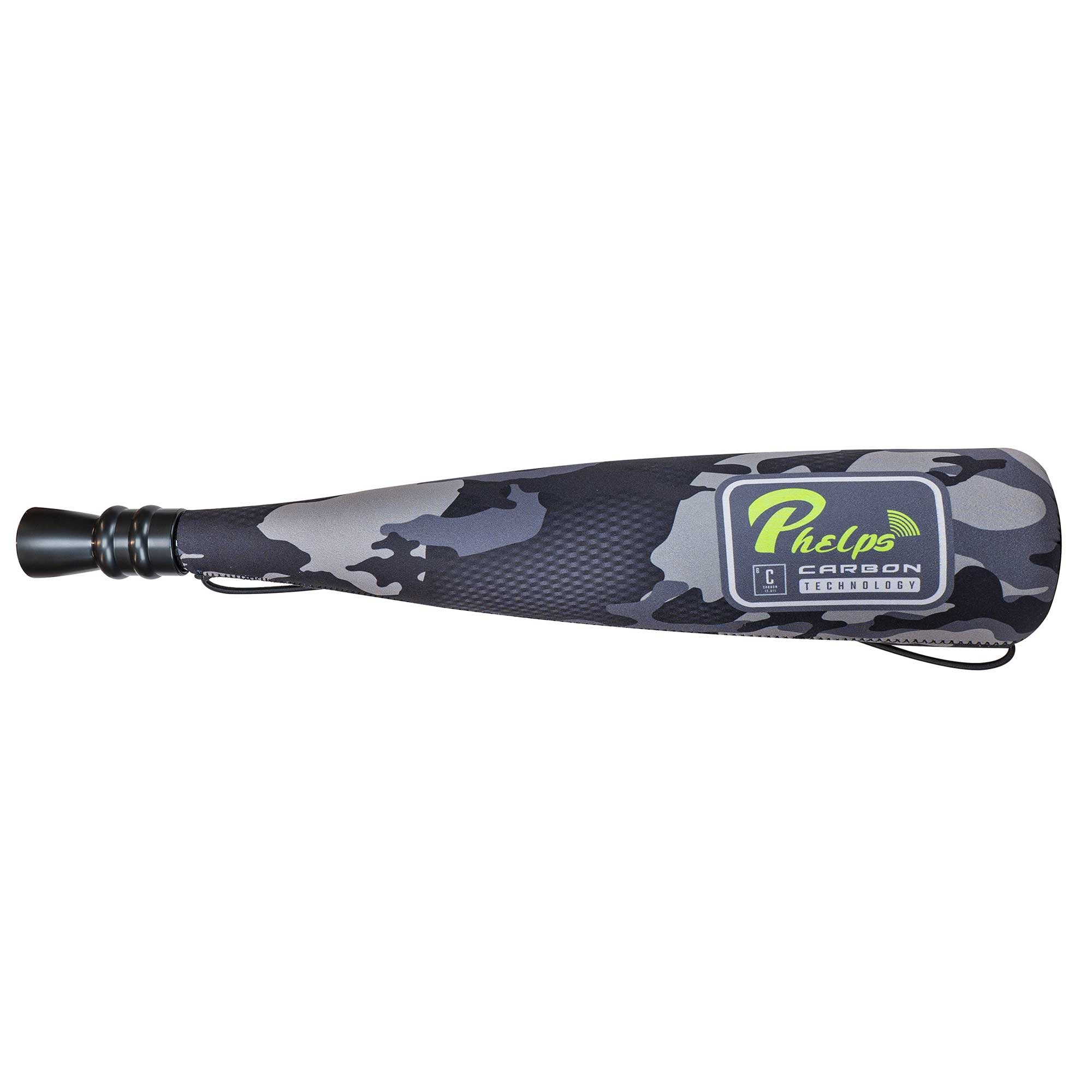 Phelps Carbon Technology elk call with grey camo sleeve, black mouthpiece, neon logo.