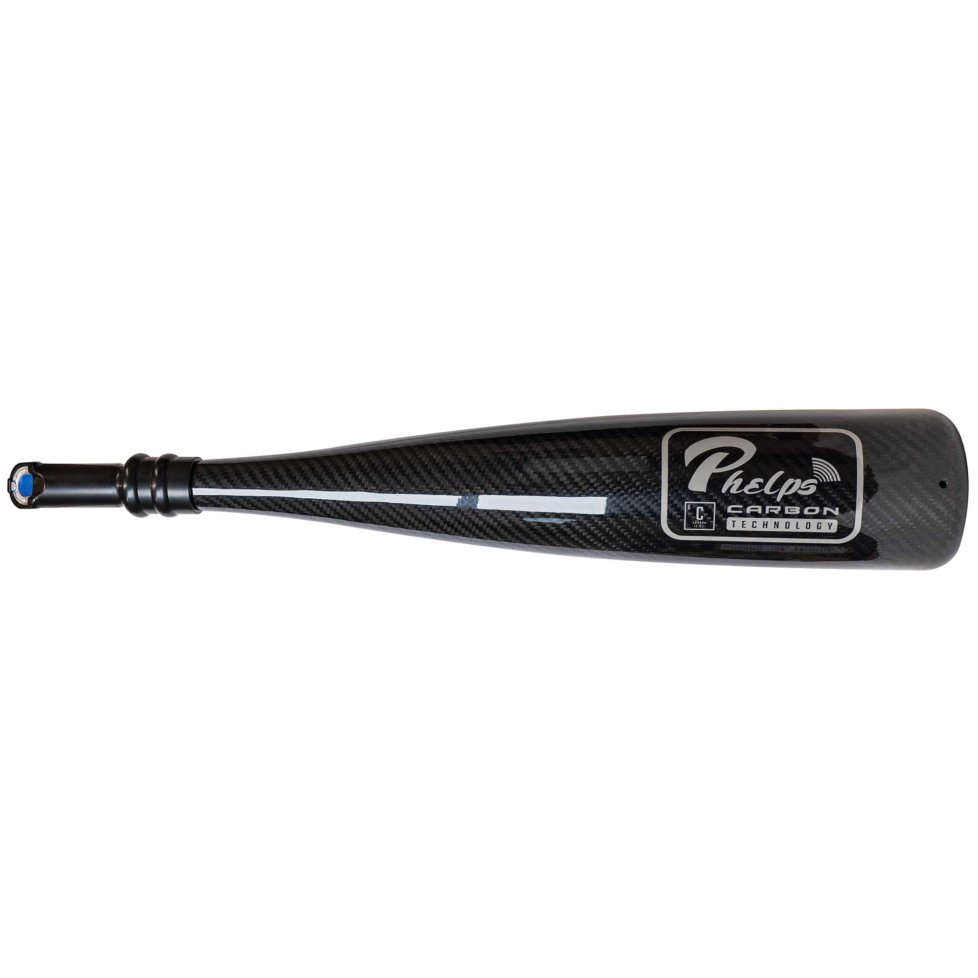 Black carbon fiber bugle tube  with Phelps Carbon Technology logo, white stripe, and blue tip.