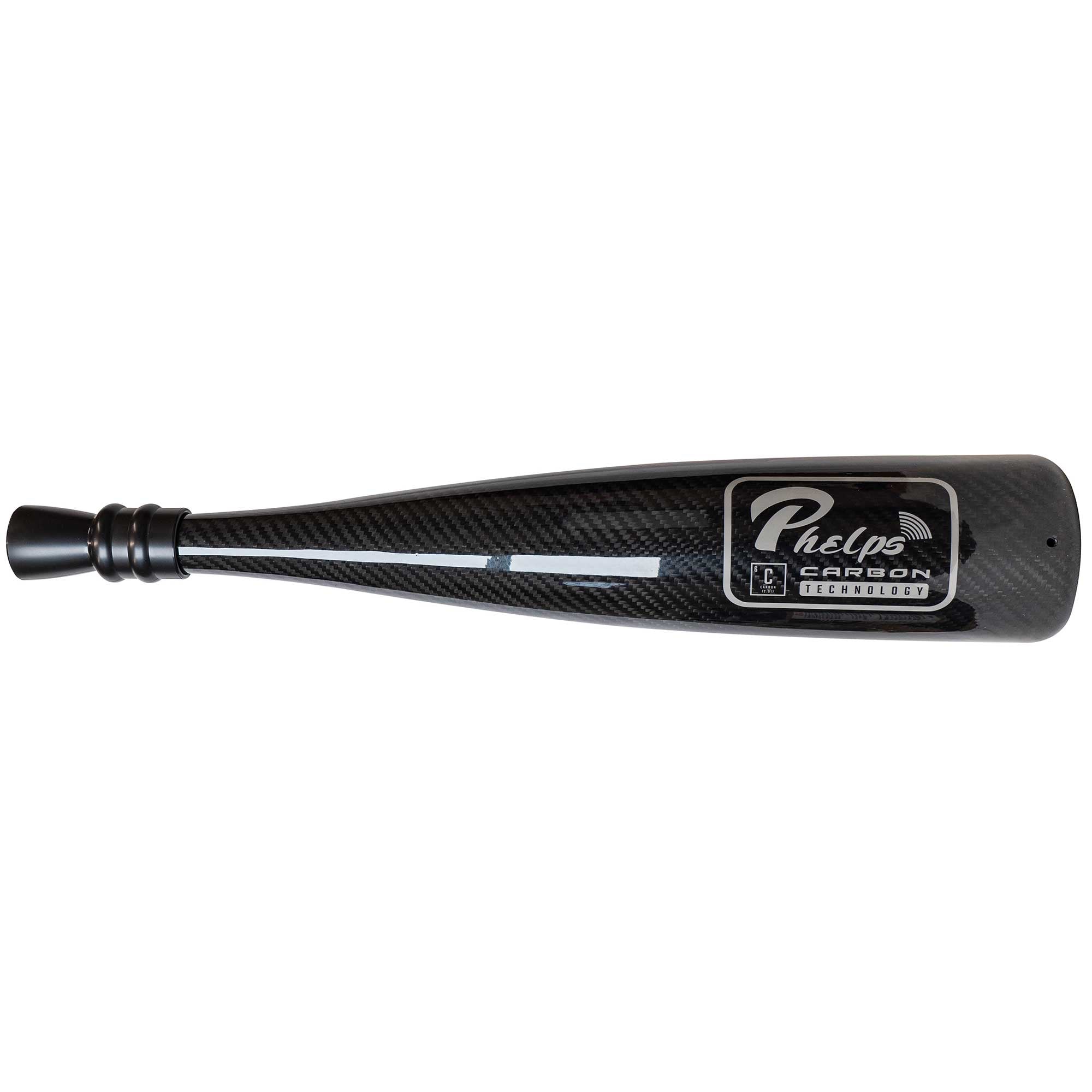 Black carbon fiber game call with ribbed end, white stripe, and Phelps Carbon Tech label.