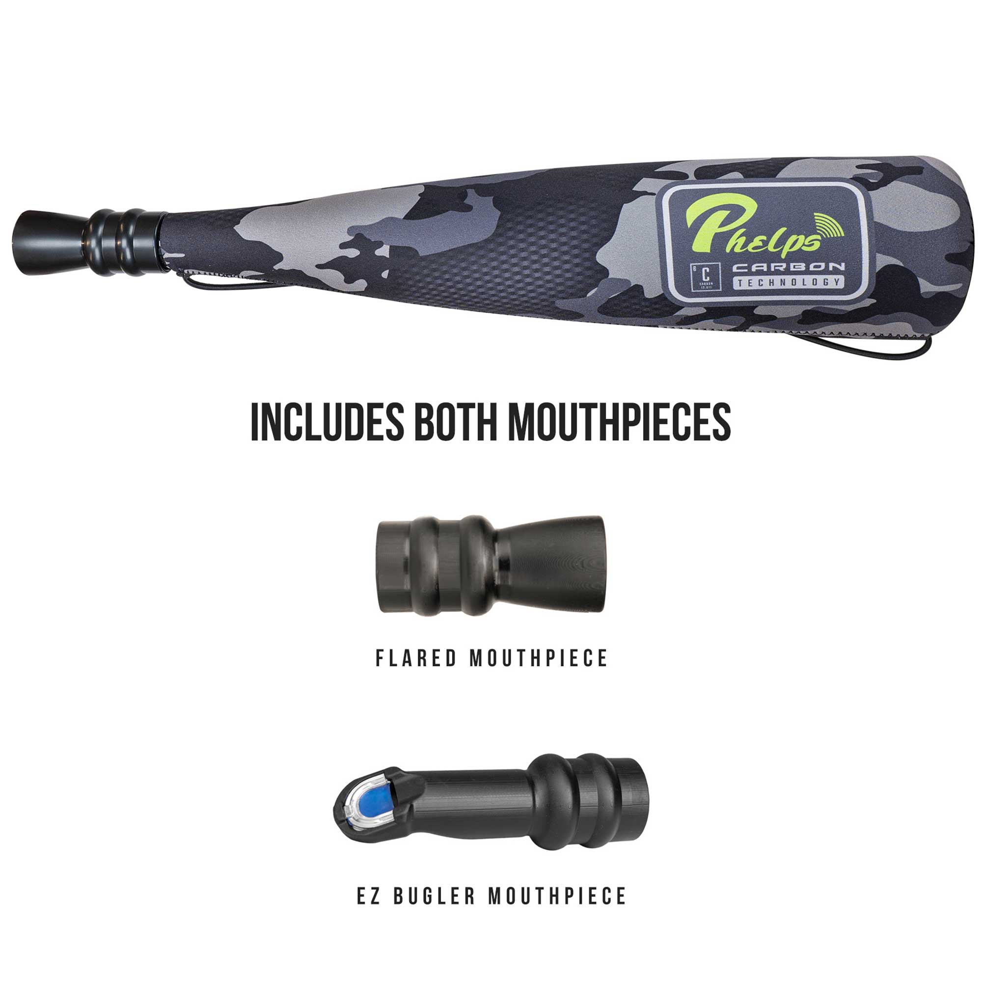 Phelps grey camo elk call with one black mouthpiece and two interchangeable black mouthpieces.