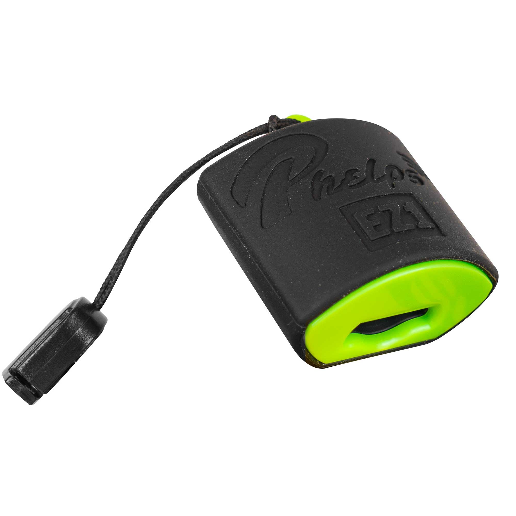 Black and neon green external call with Phelps EZI logo and black lanyard.