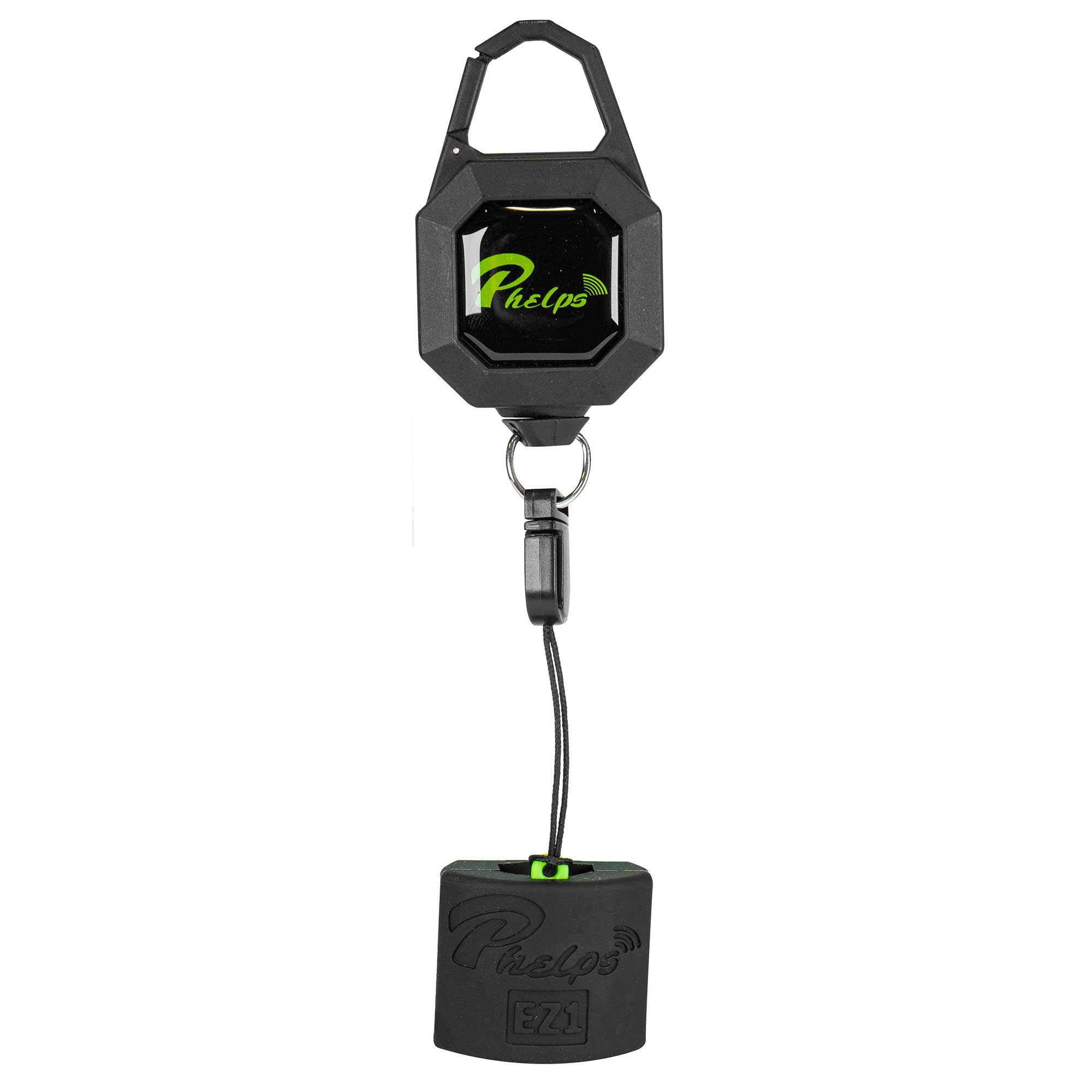 Black retractable lanyard with carabiner clip, green Phelps logo, and square EZ1 holder.