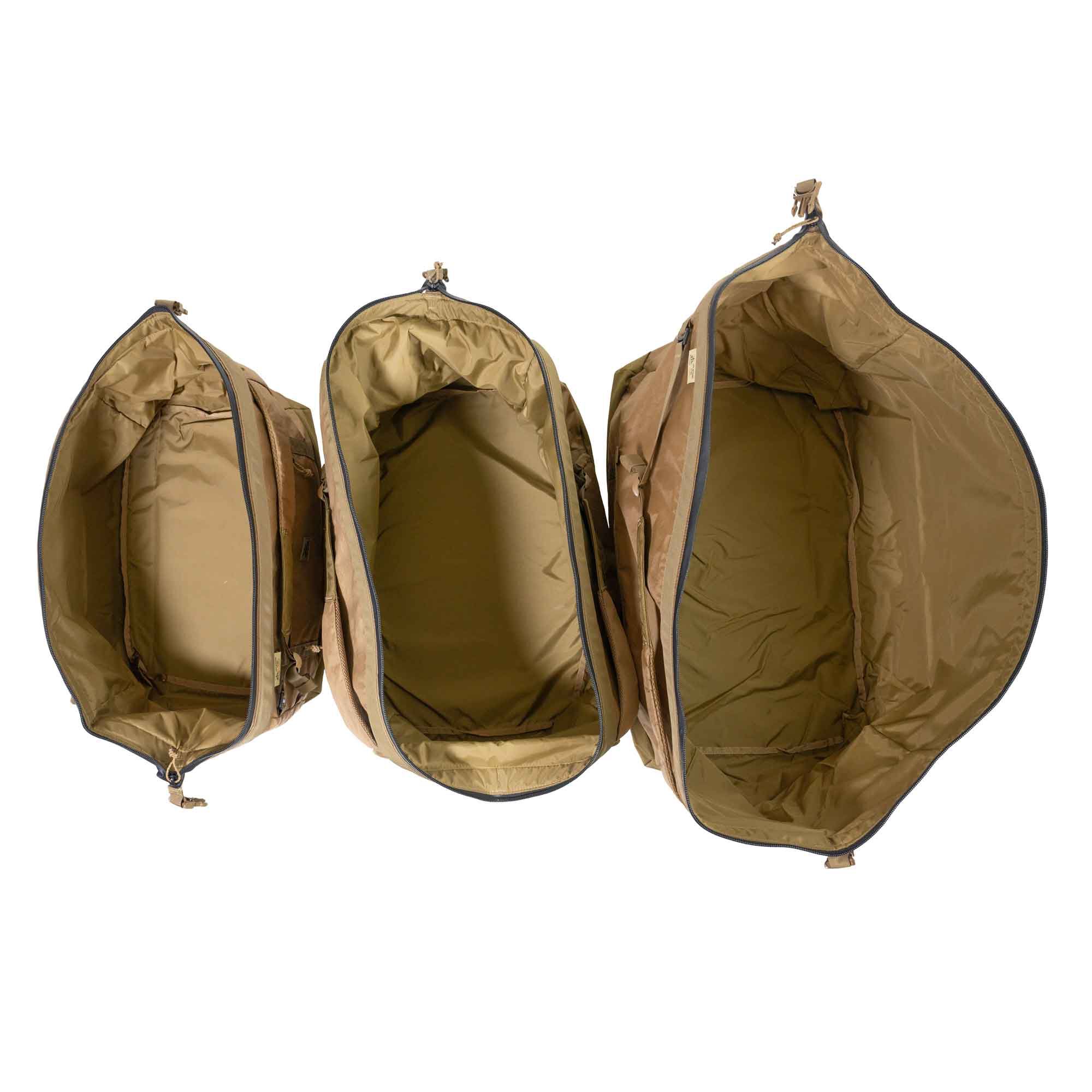 3 open tan storage bags, varying sizes, with empty zippered interiors.