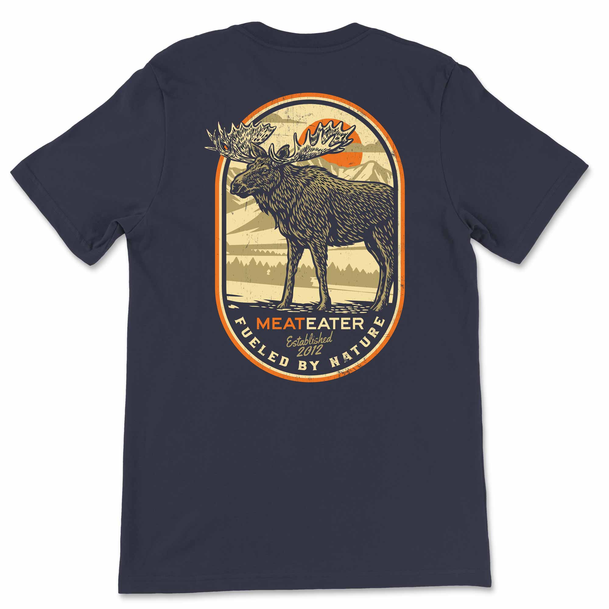 Navy blue t-shirt with a moose graphic and 'Meateater' branding on a white background