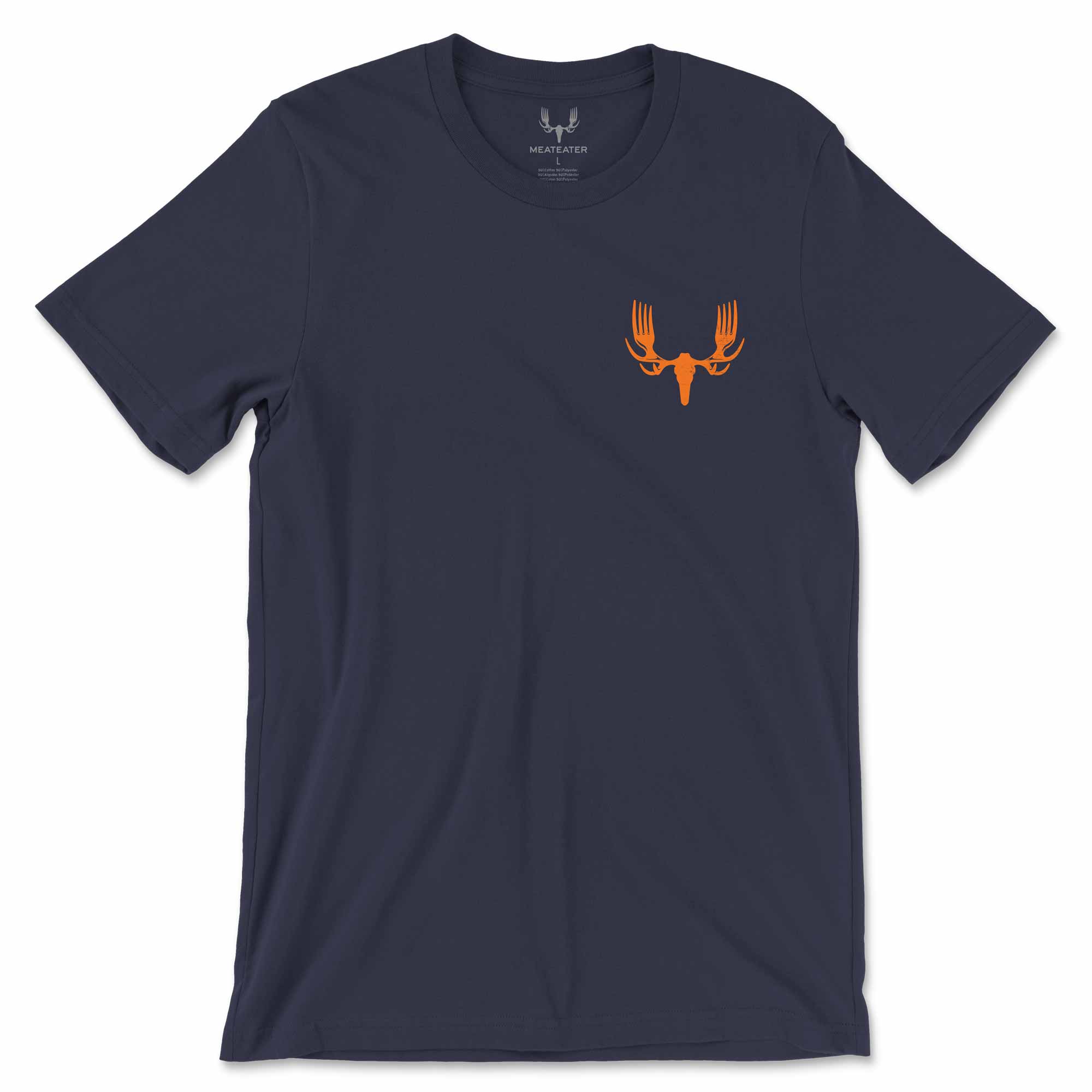 Navy blue t-shirt with an orange deer head logo on a white background
