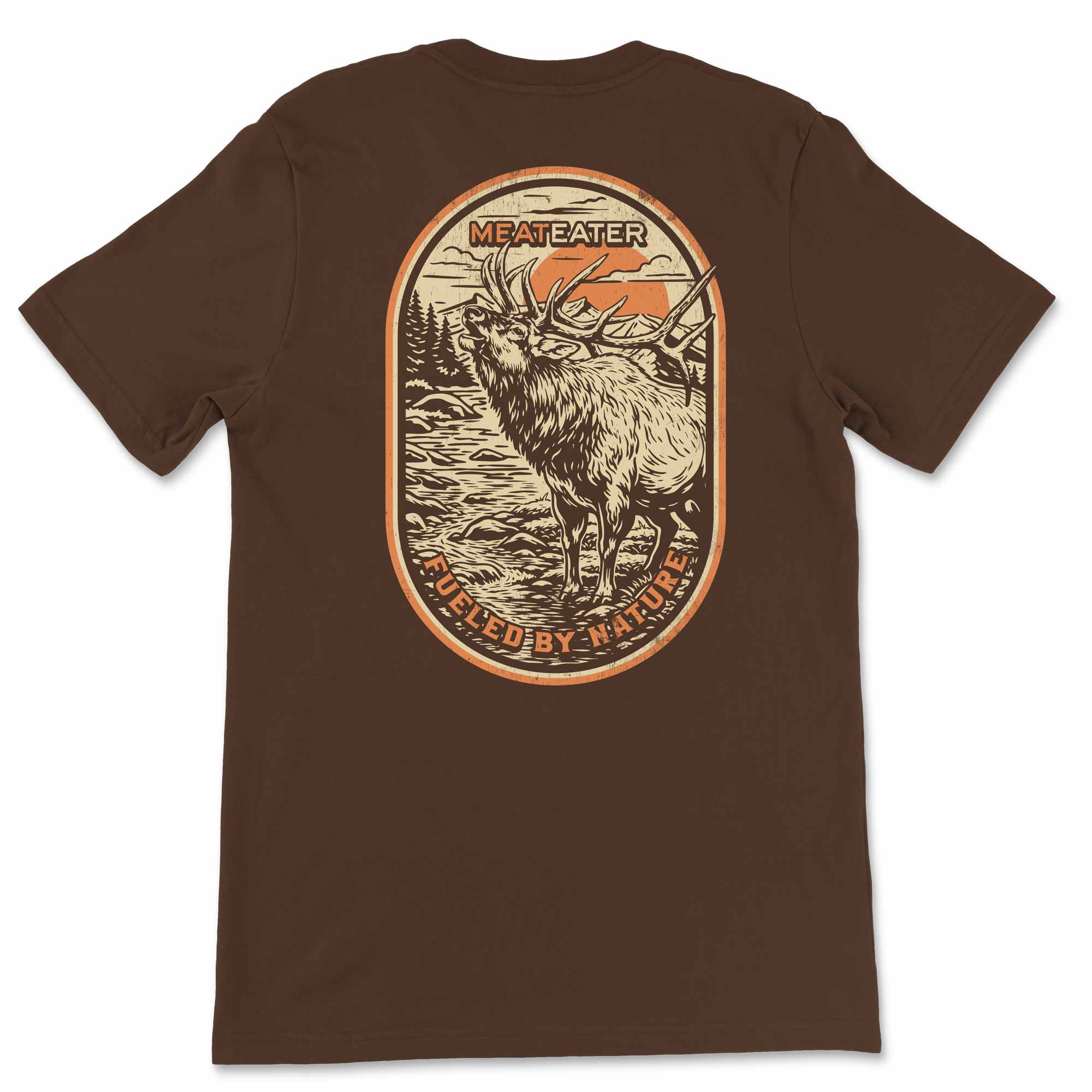 Brown t-shirt with a graphic of an elk and text on the back, on a white background