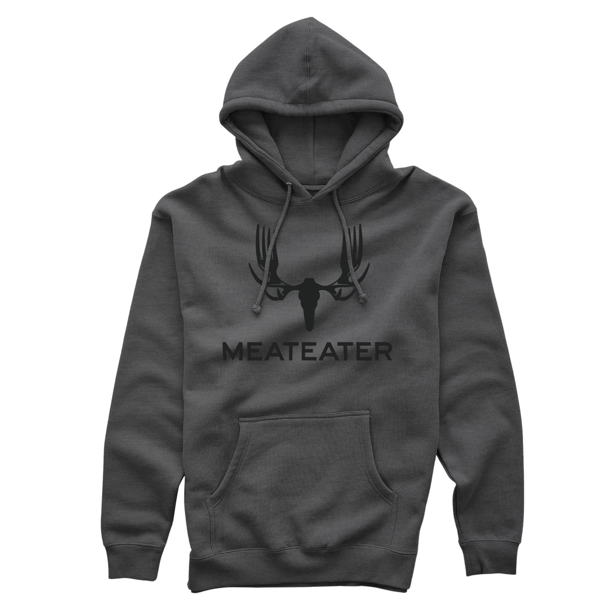 Charcoal hoodie with Meateater logo: a skull with antler-forks, and "MEATEATER" text.