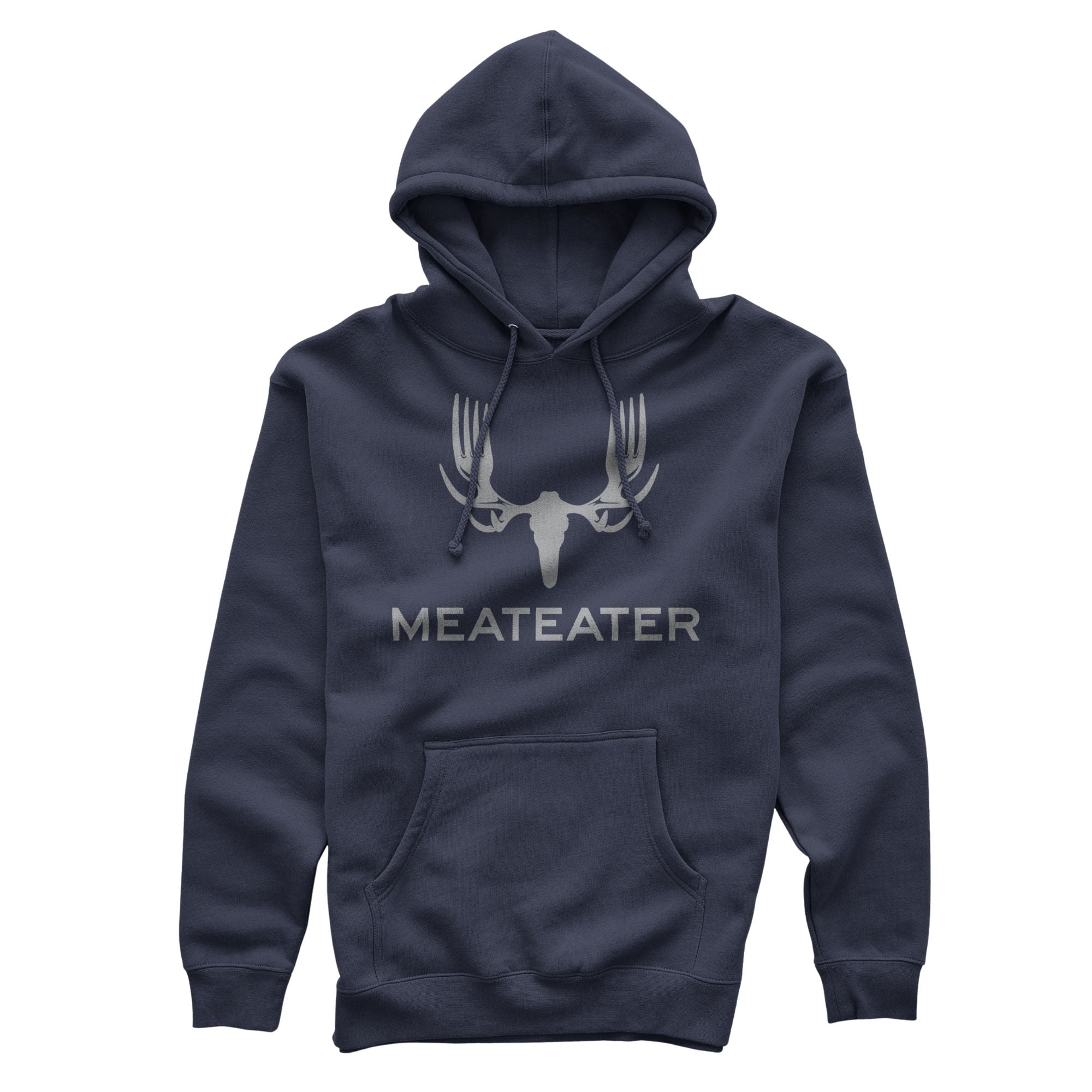 Navy hoodie with a subtle Meateater logo: a skull with antler-forks, and "MEATEATER" text.