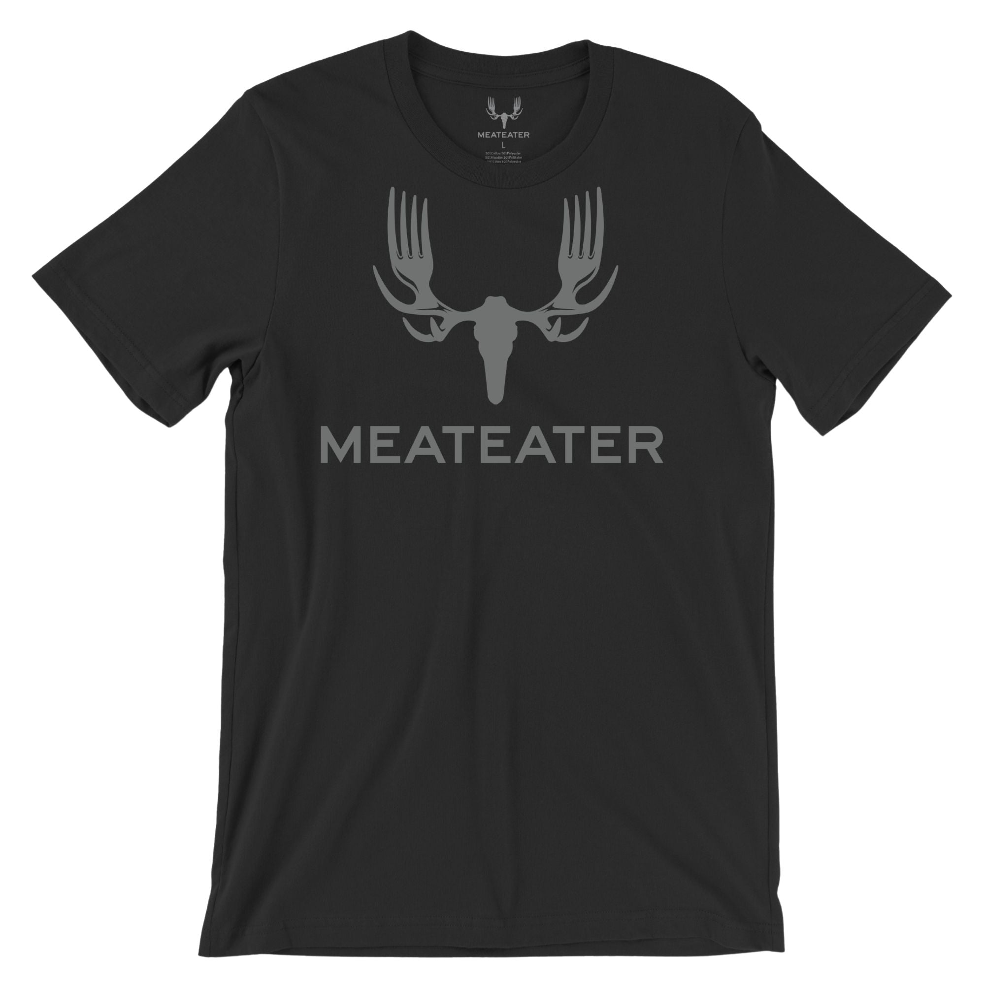 Black t-shirt with light grey skull-and-forks graphic and "MEATEATER" text.