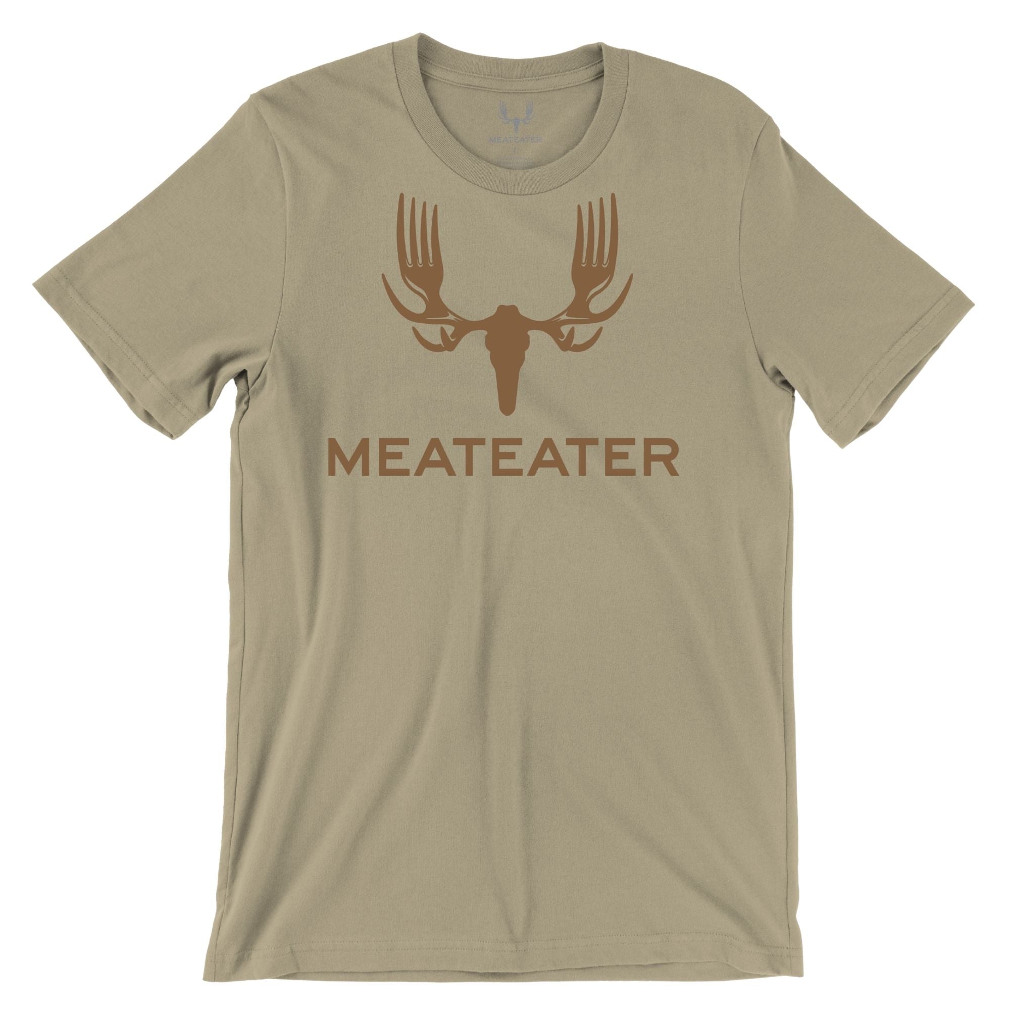 Sandstone t-shirt with light brown skull-and-forks graphic and "MEATEATER" text.