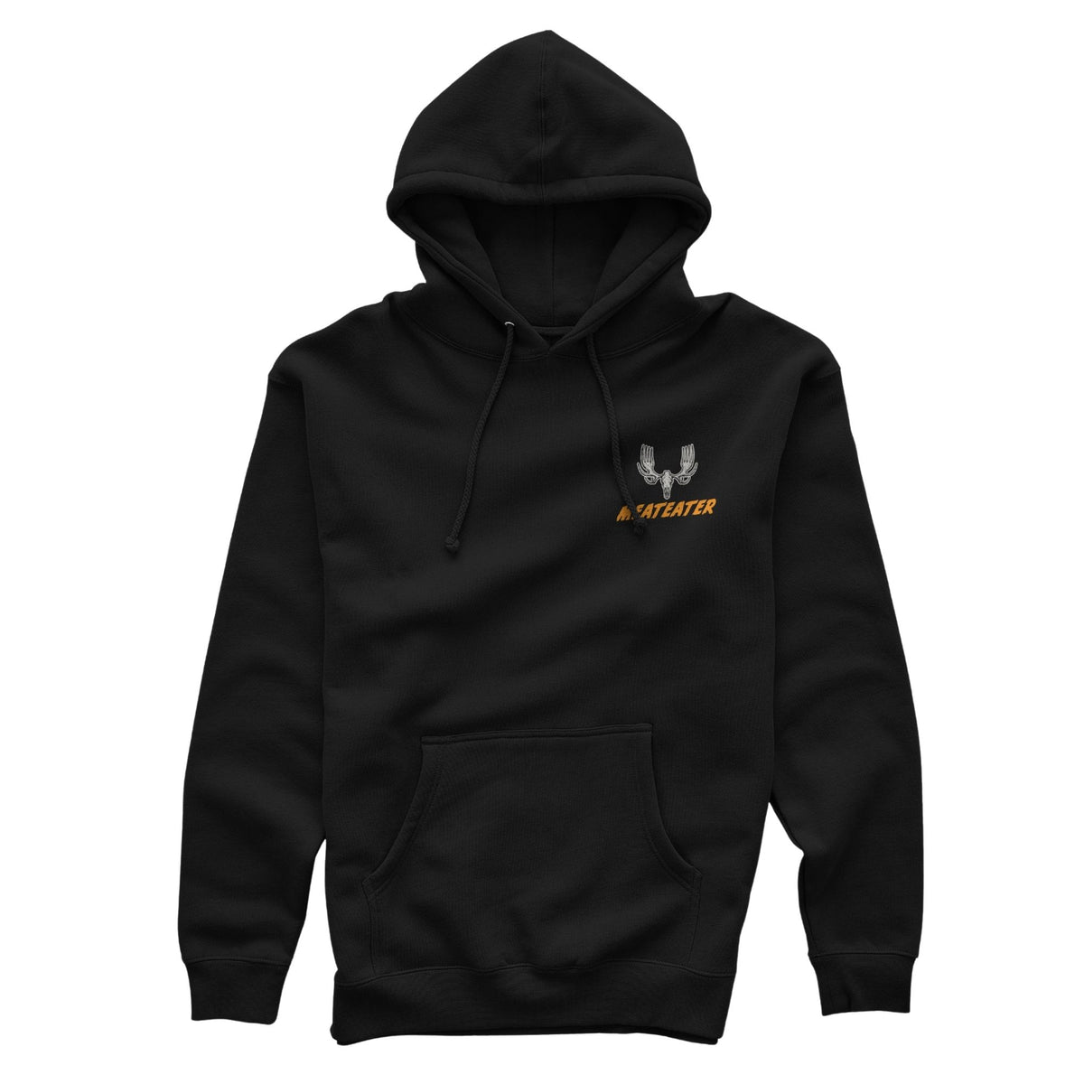 Black hoodie featuring an stylized MEATEATER logo in beige and the text in orange "MEATEATER" beneath, it has a drawstring hood, and kangaroo pocket.