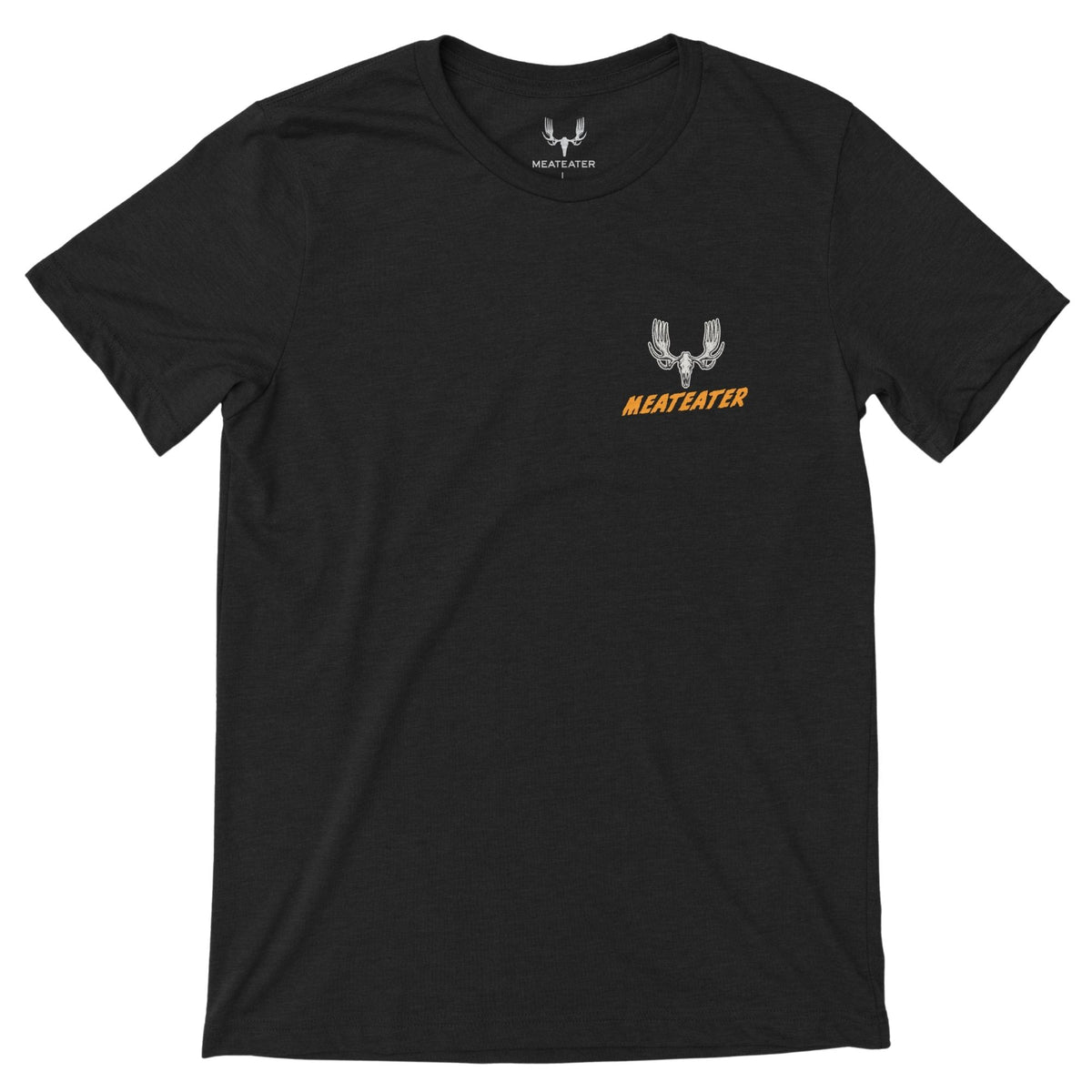 Charcoal heather T-shirt featuring an stylized MEATEATER logo in beige and the text in orange "MEATEATER" beneath.