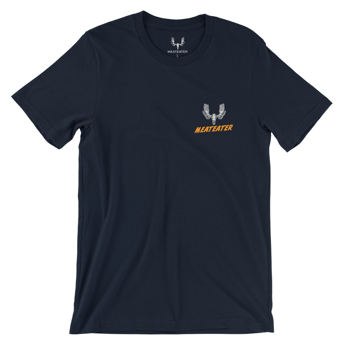 Navy T-shirt featuring an stylized MEATEATER logo in beige and the text in orange "MEATEATER" beneath.
