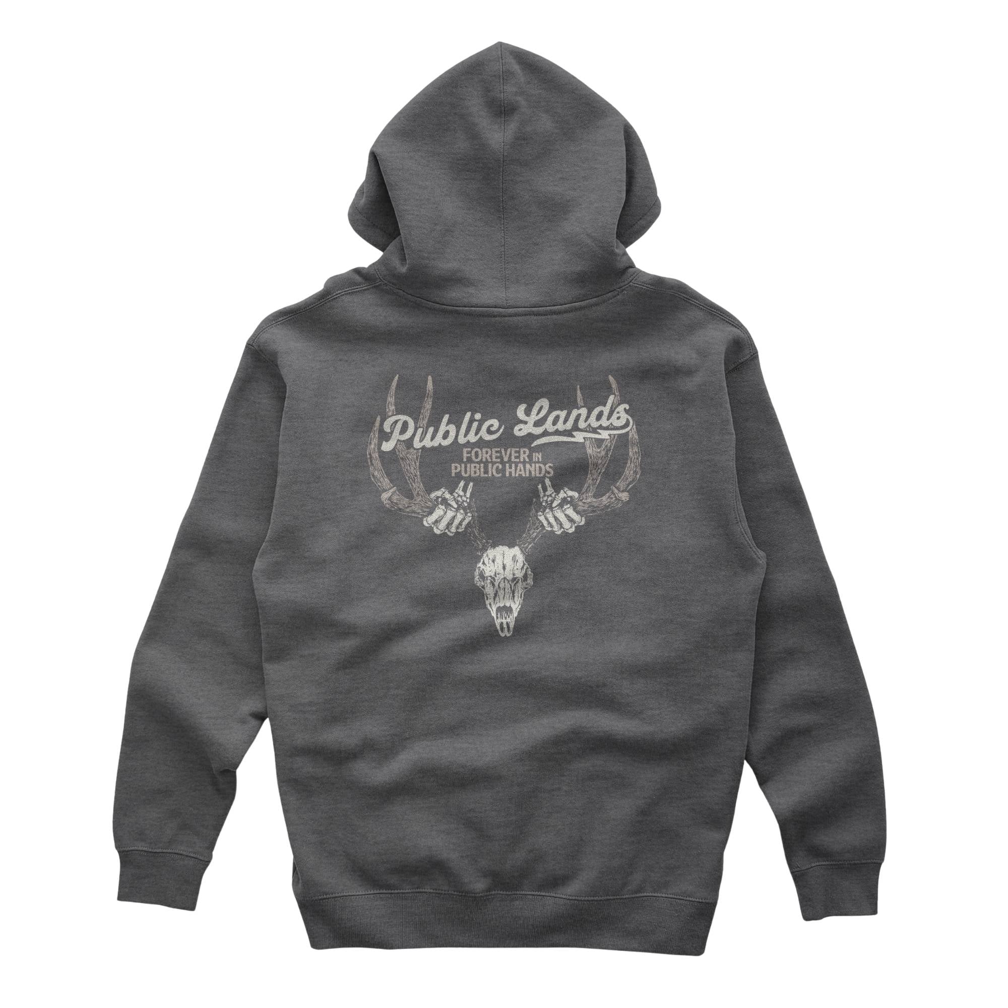 Charcoal heather hoodie with Public Lands text, deer skull, antlers, and skeleton hands graphic.