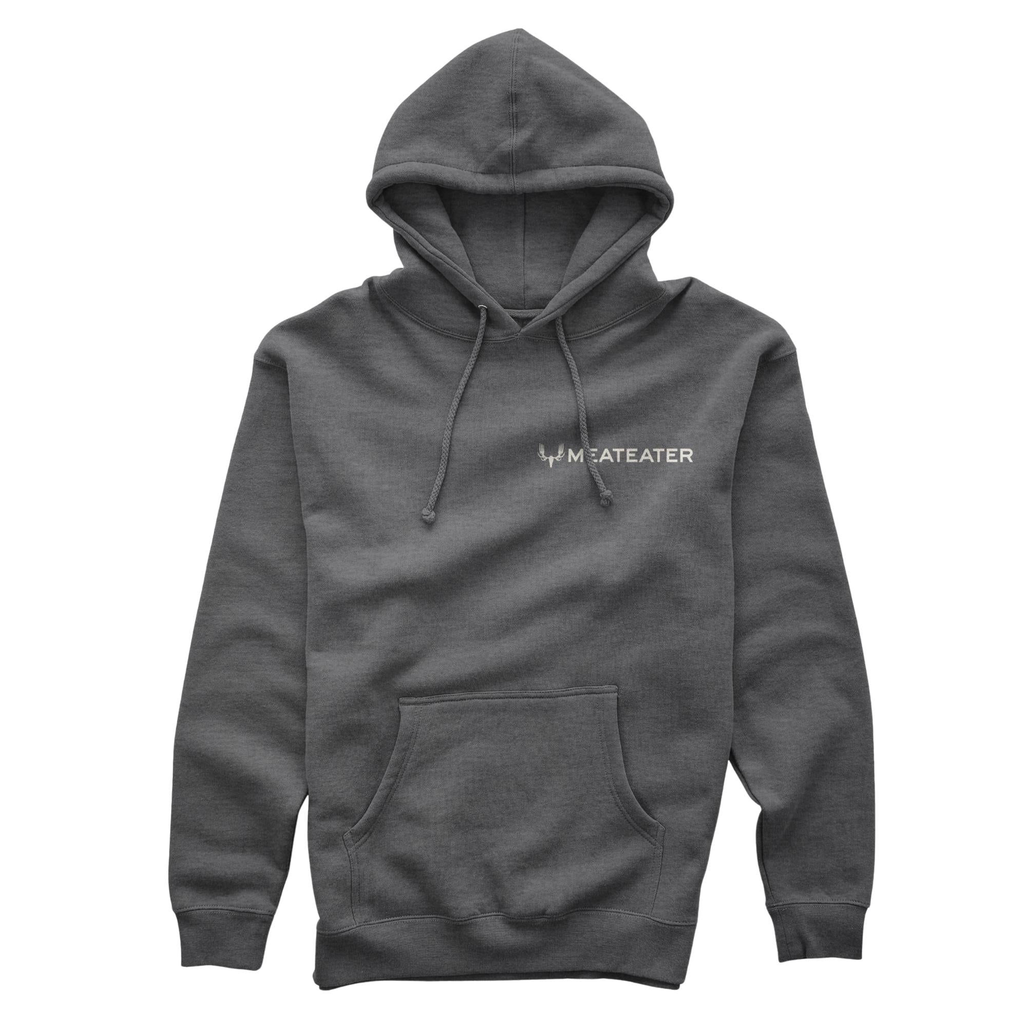 Charcoal heather hoodie with drawstrings, front pouch, and beige MEATEATER antler logo.