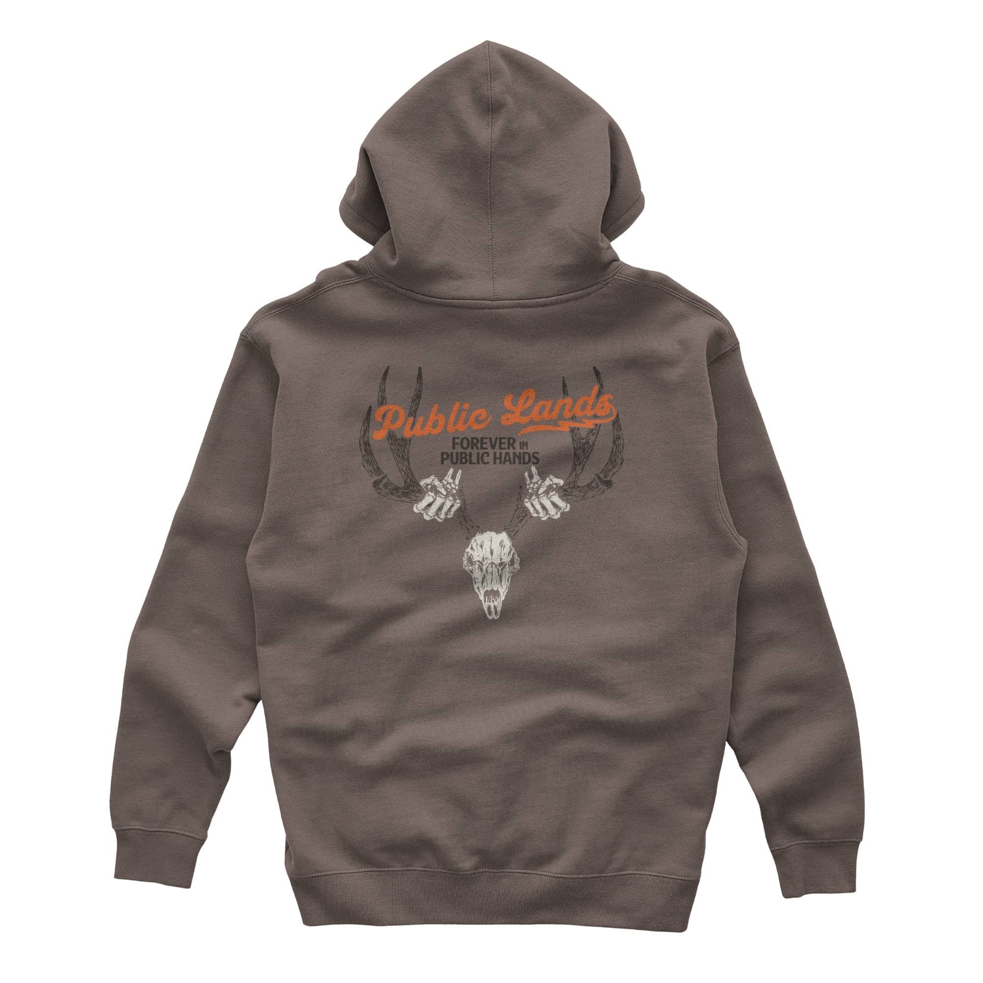 Brown hoodie with Public Lands text, deer skull, antlers, and skeleton hands graphic.