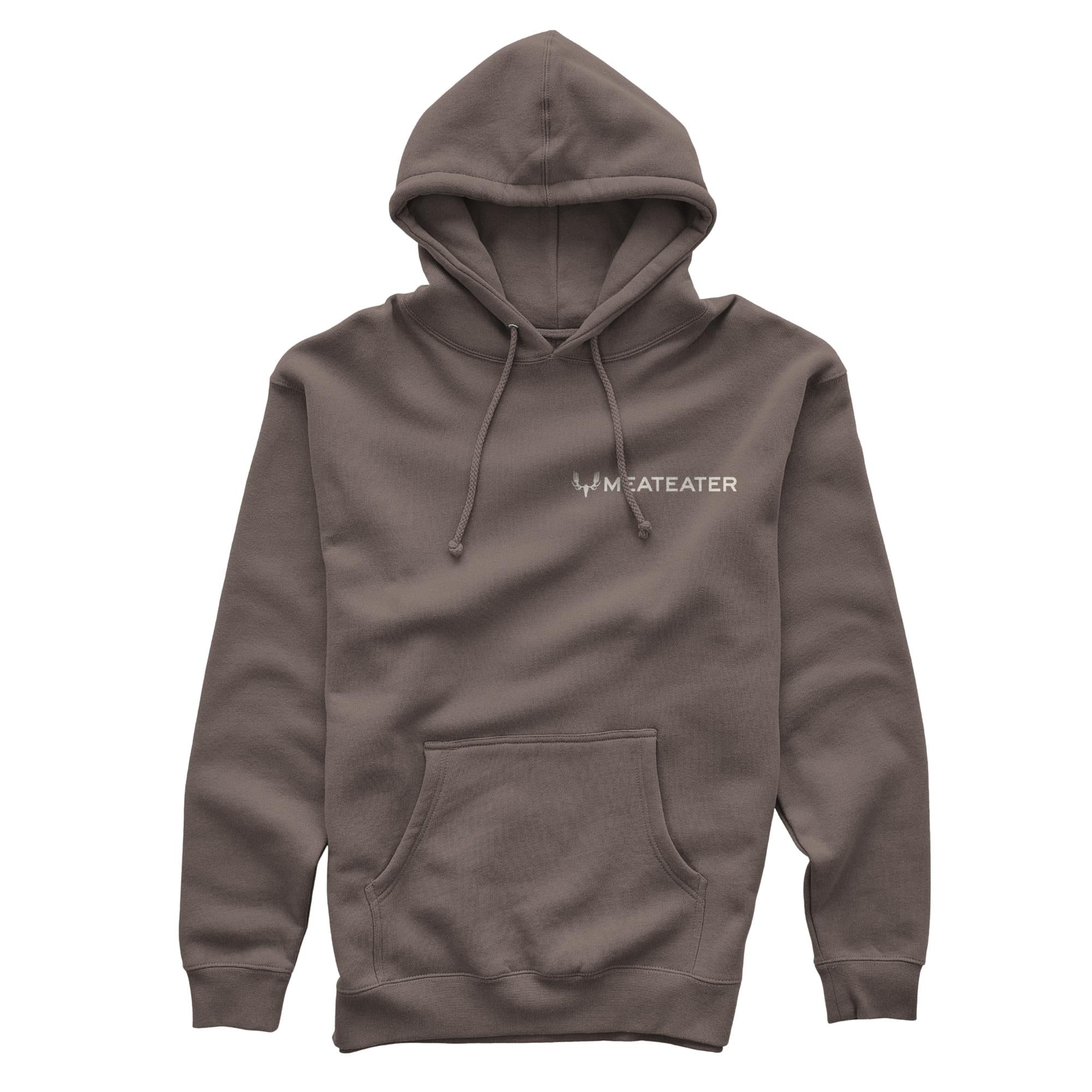 Brown hoodie with drawstrings, front pouch, and beige MEATEATER antler logo.