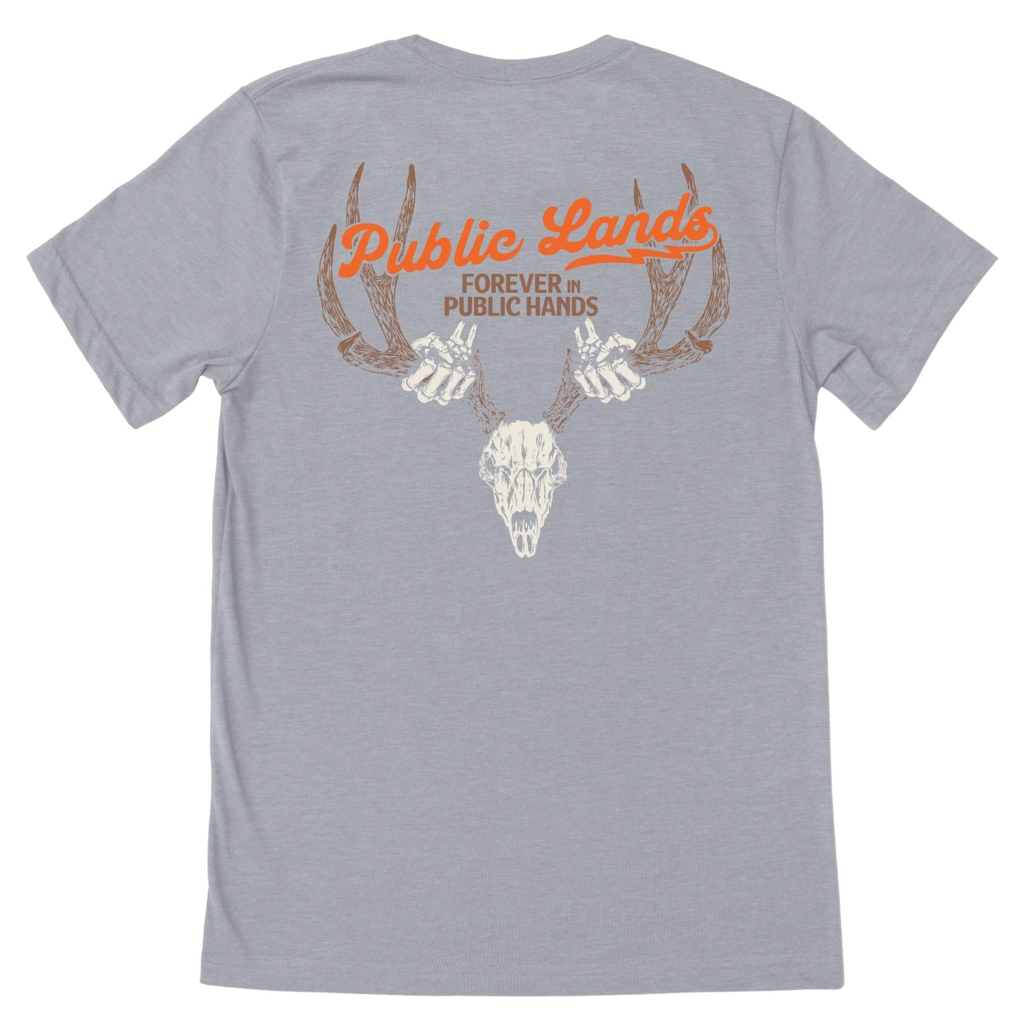 Grey heather t-shirt with "Public Lands" text over a deer skull held by skeleton hands.