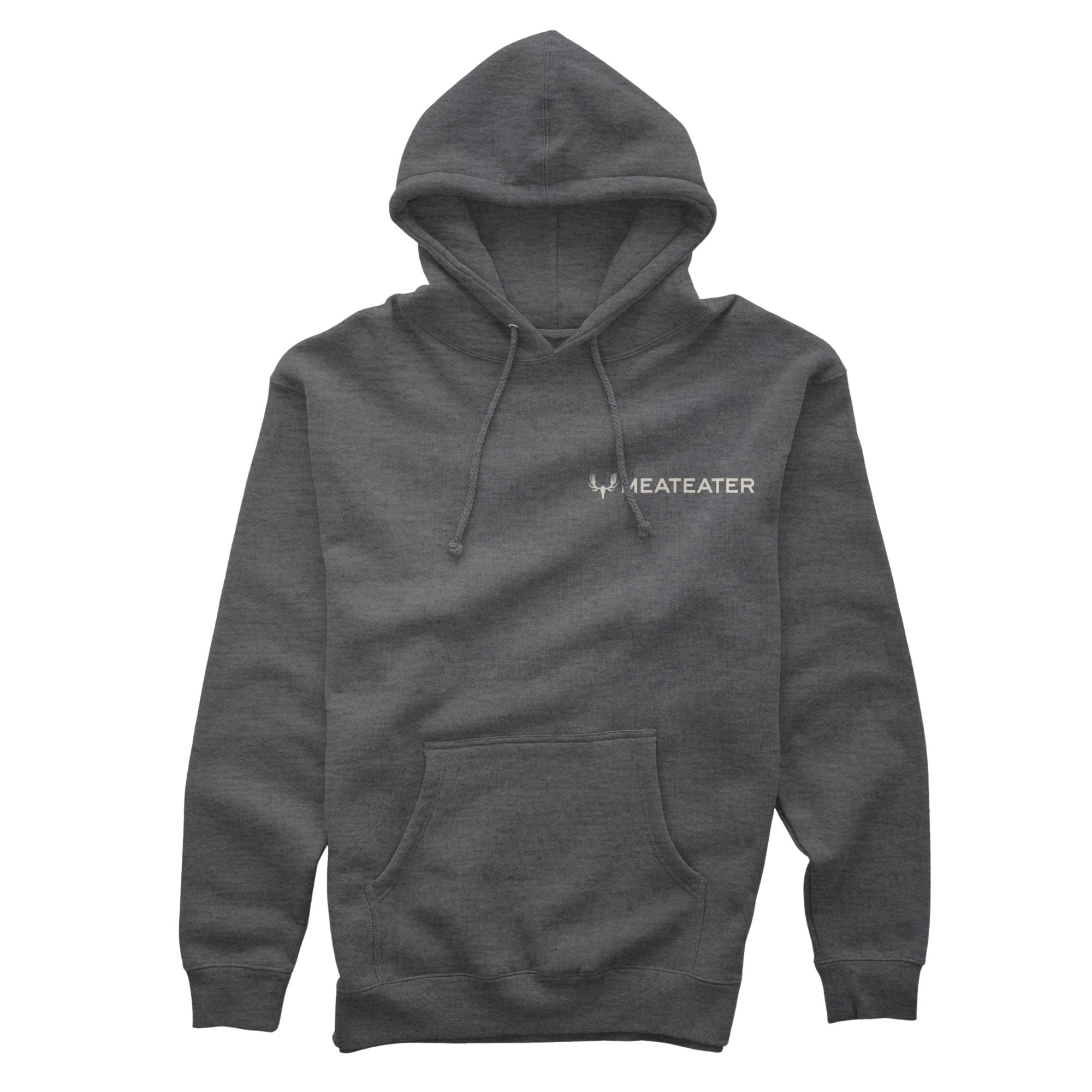 Charcoal heather hoodie with hood, drawstrings, kangaroo pocket, and white MEATEATER logo.