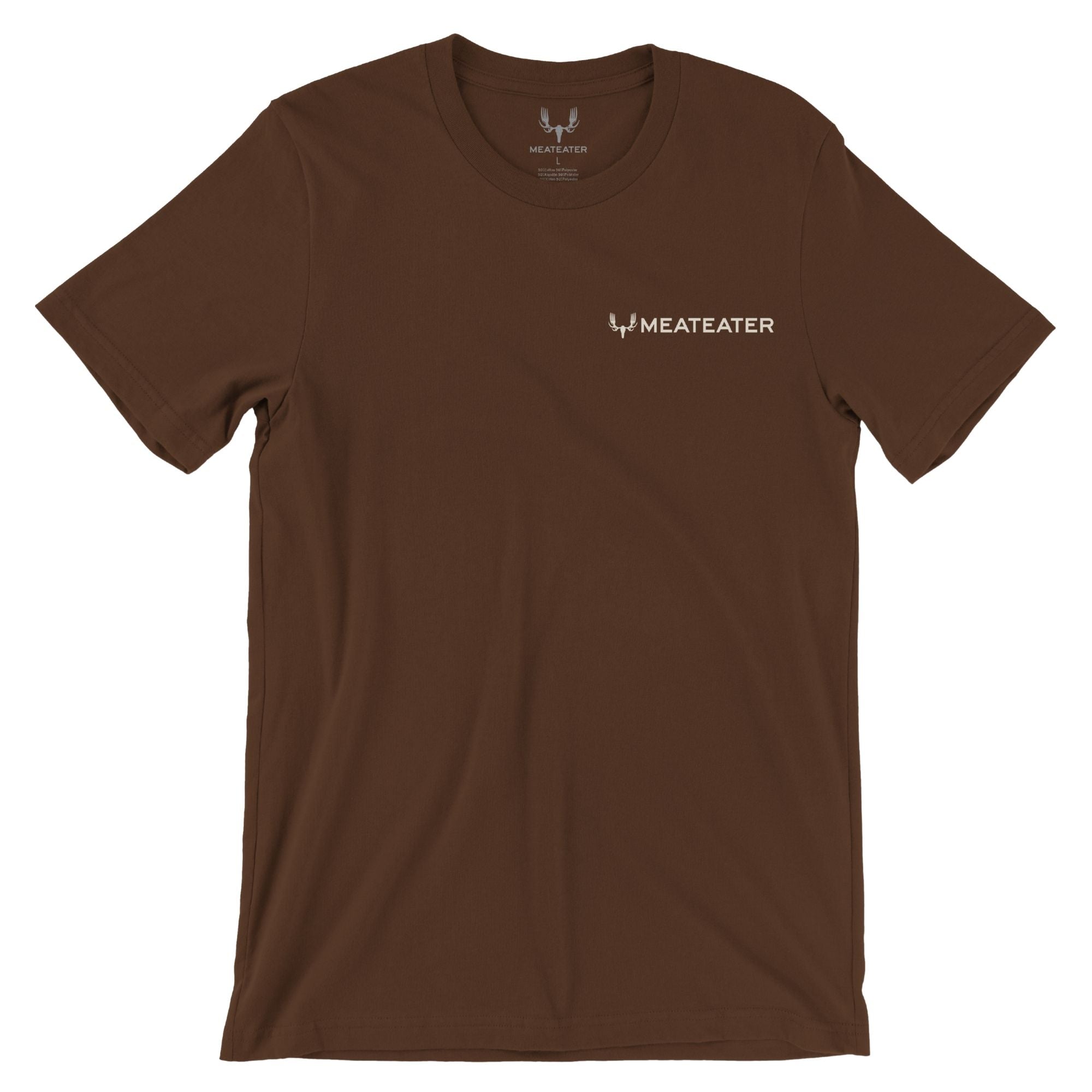Brown t-shirt with white MEATEATER antler logo on chest.