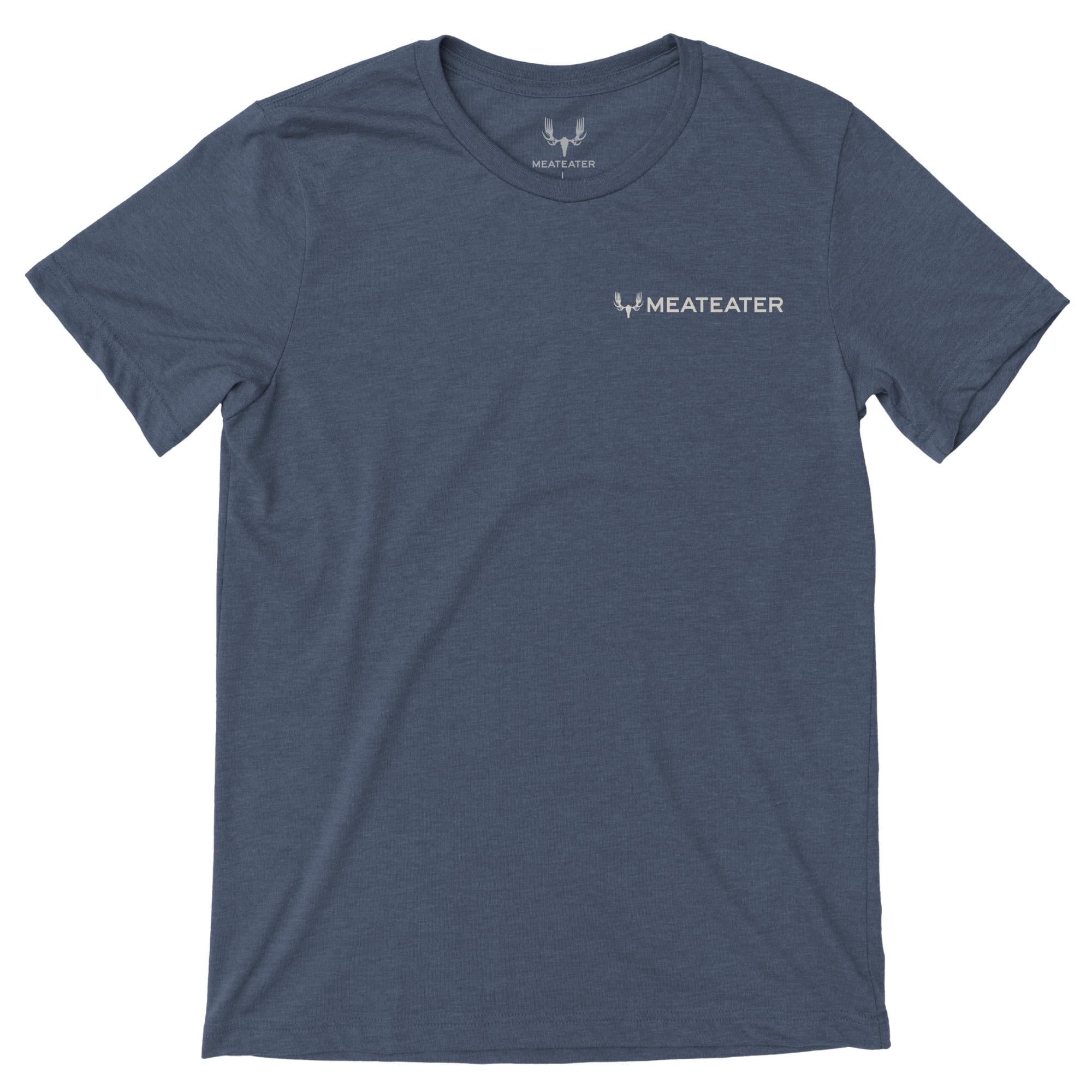 Navy heather T-shirt with white Meateater antler logo on left chest.