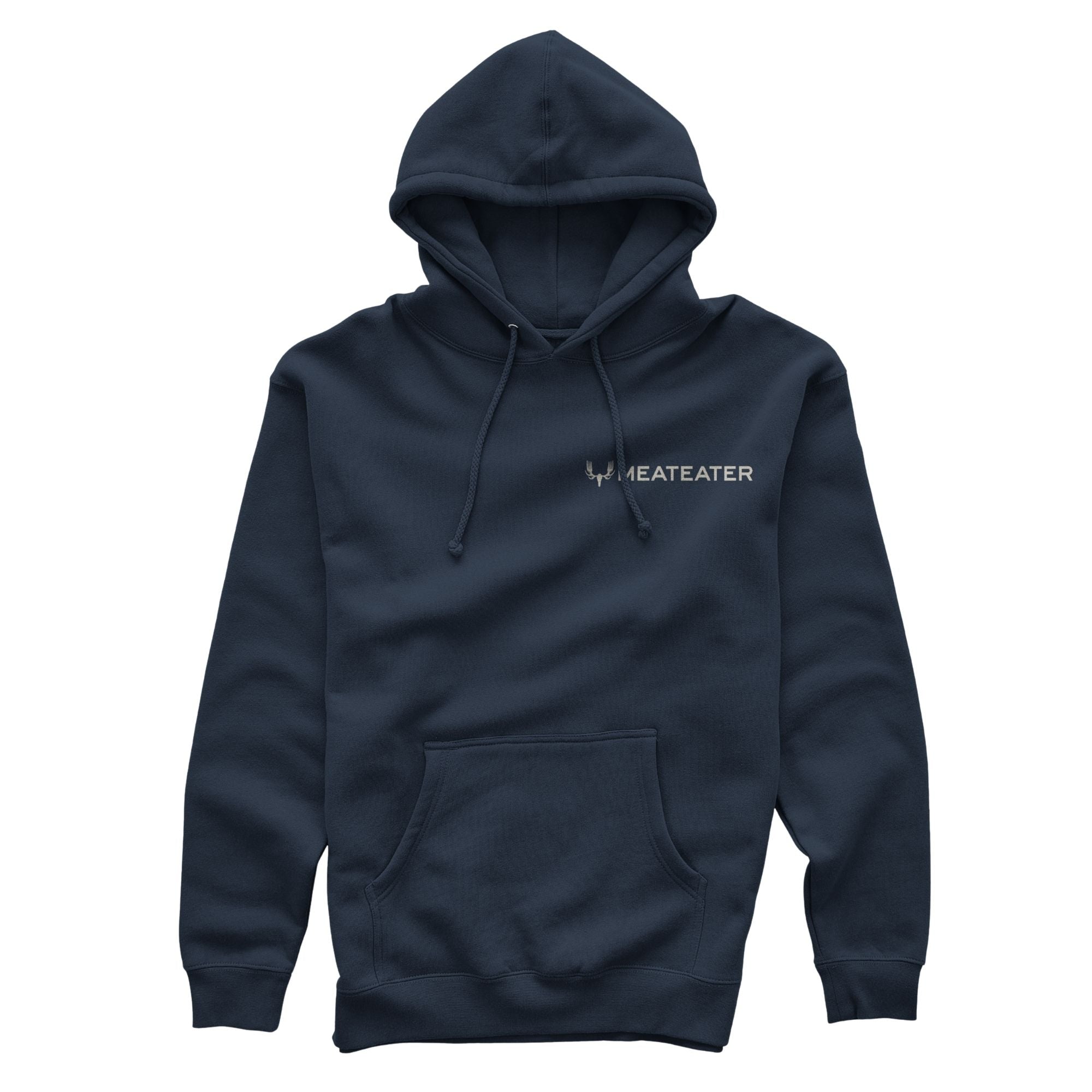 Navy hoodie with hood, drawstrings, kangaroo pocket, and white antler graphic 'NEATEATER' logo.