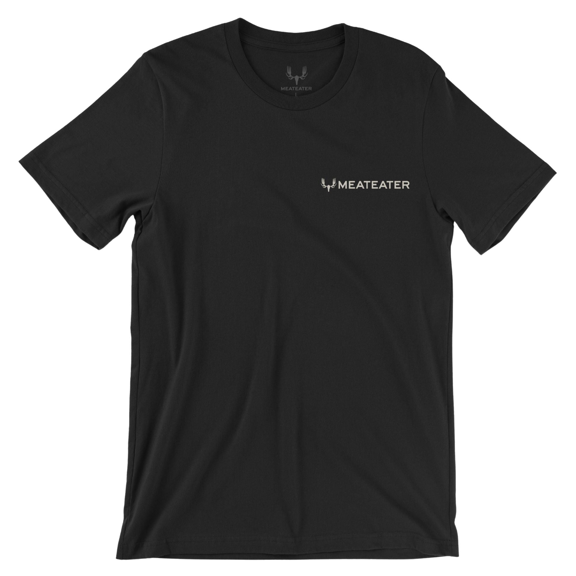 Black T-shirt with beige MEATEATER logo & antler graphic on left chest.