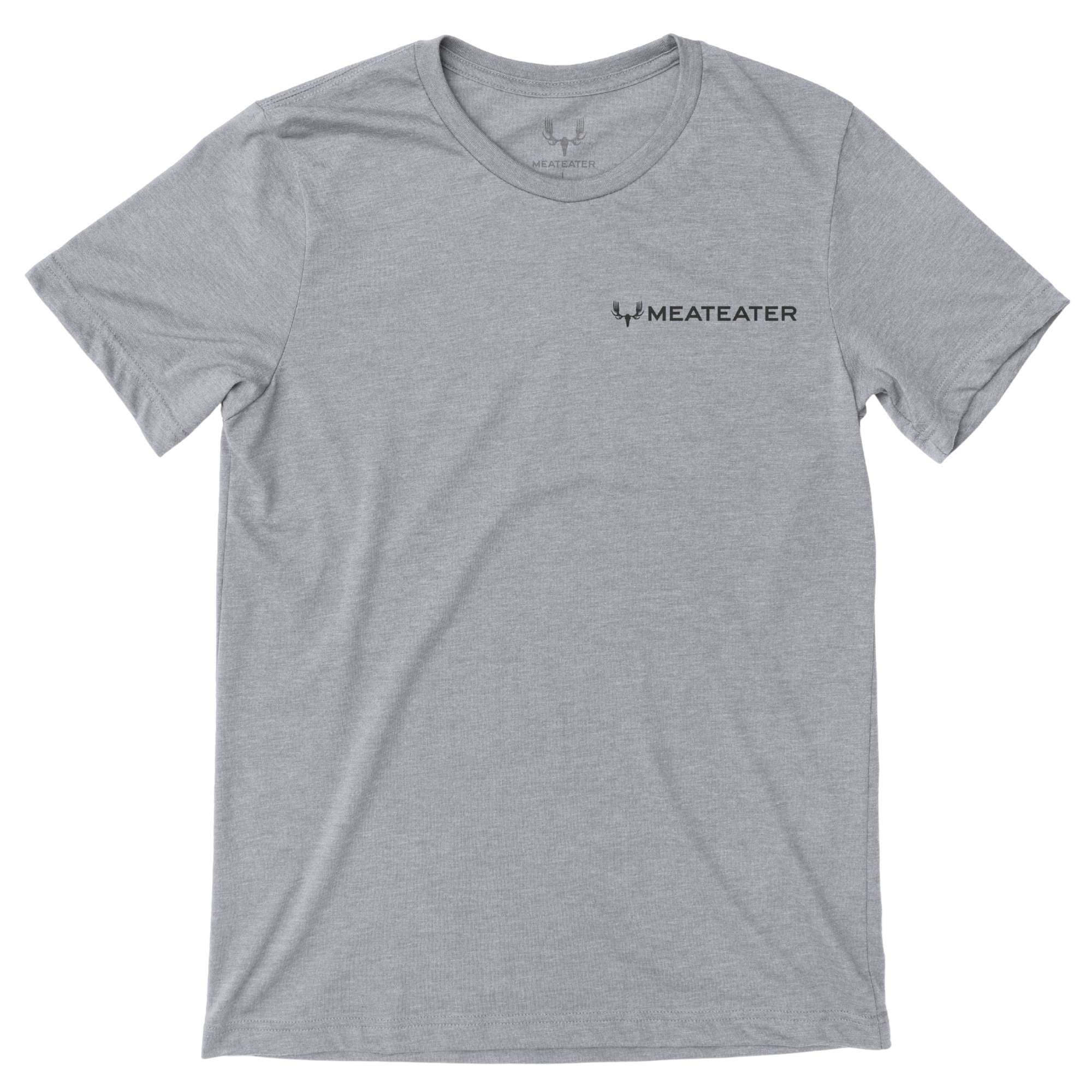 Grey heather T-shirt with black MEATEATER logo & antler graphic on left chest.