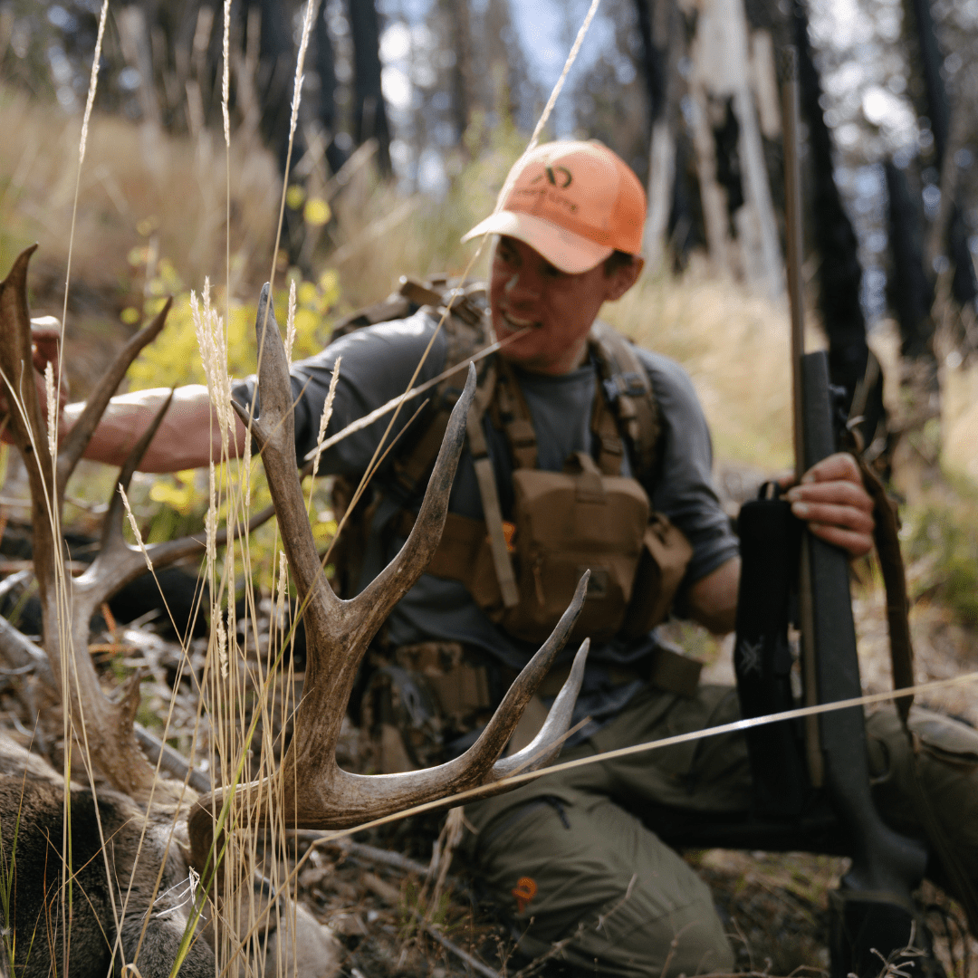 Hunter in orange cap & tan chest rig with rifle, looking at large deer antlers.