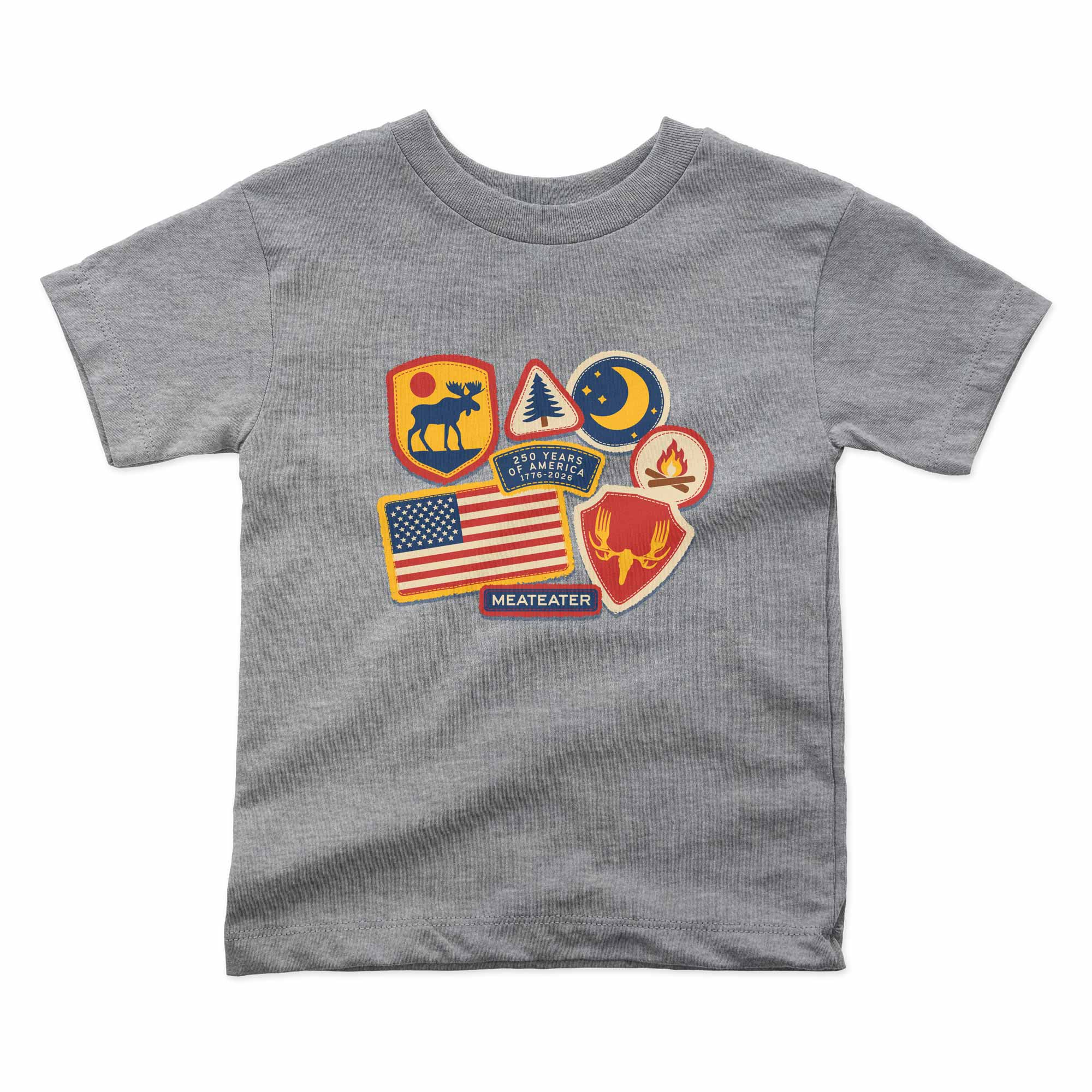 Gray t-shirt with colorful patch graphic designs on a white background