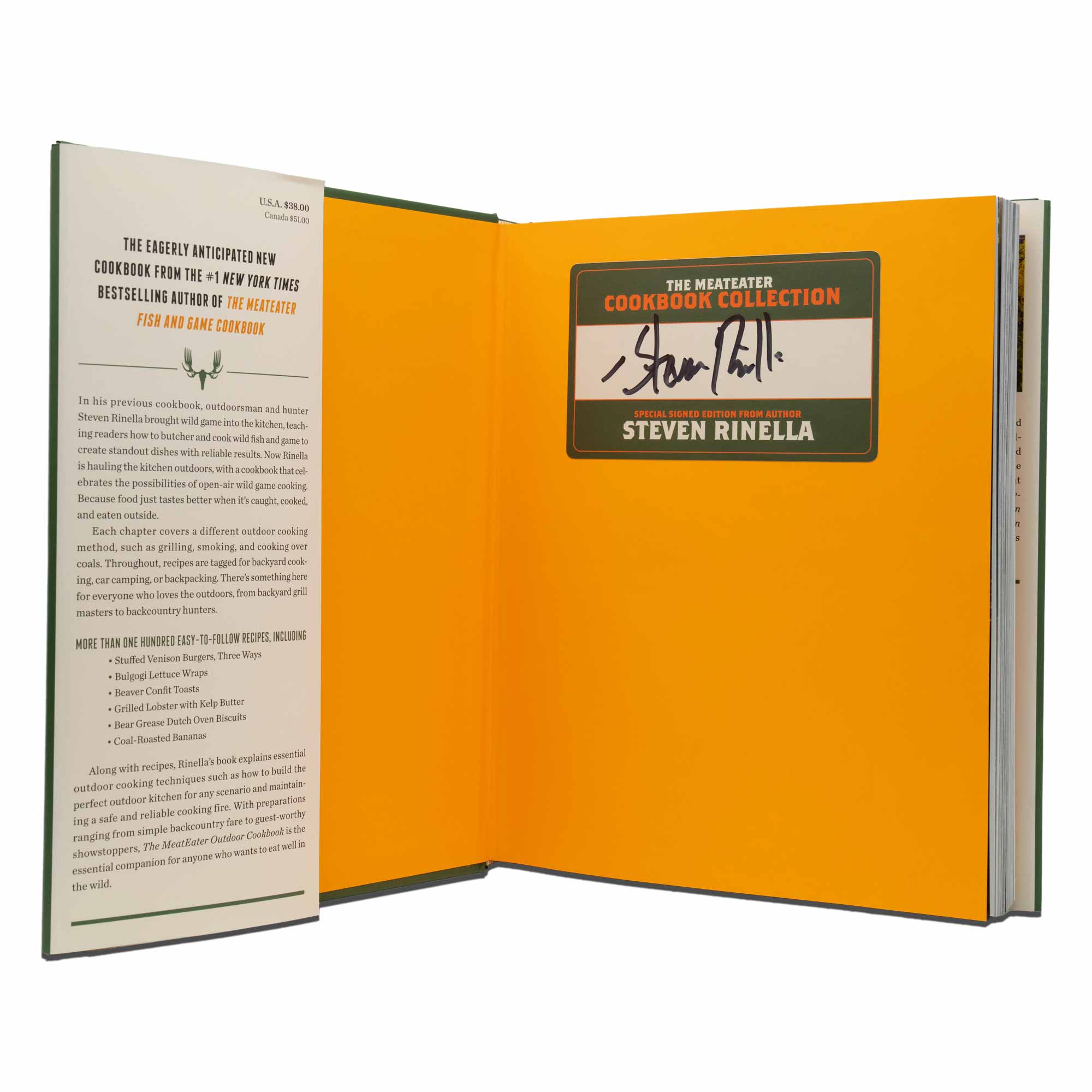 Open book with orange interior and 'The Meateater Cookbook Collection' by Steven Rinella on a white background