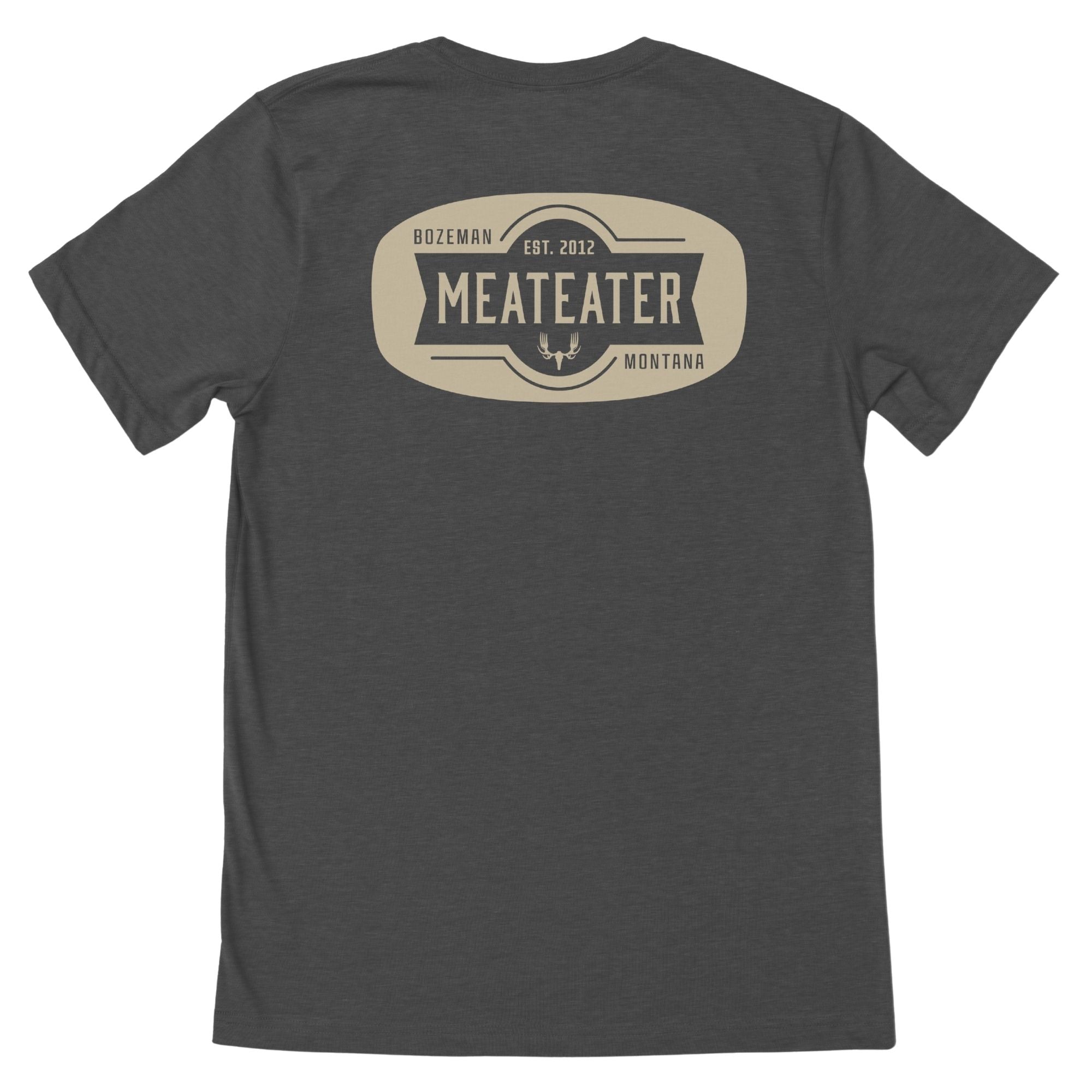 Charcoal heather t-shirt with MEATEATER branding in beige with text "Bozeman Est. 2012 Meateater Montana"