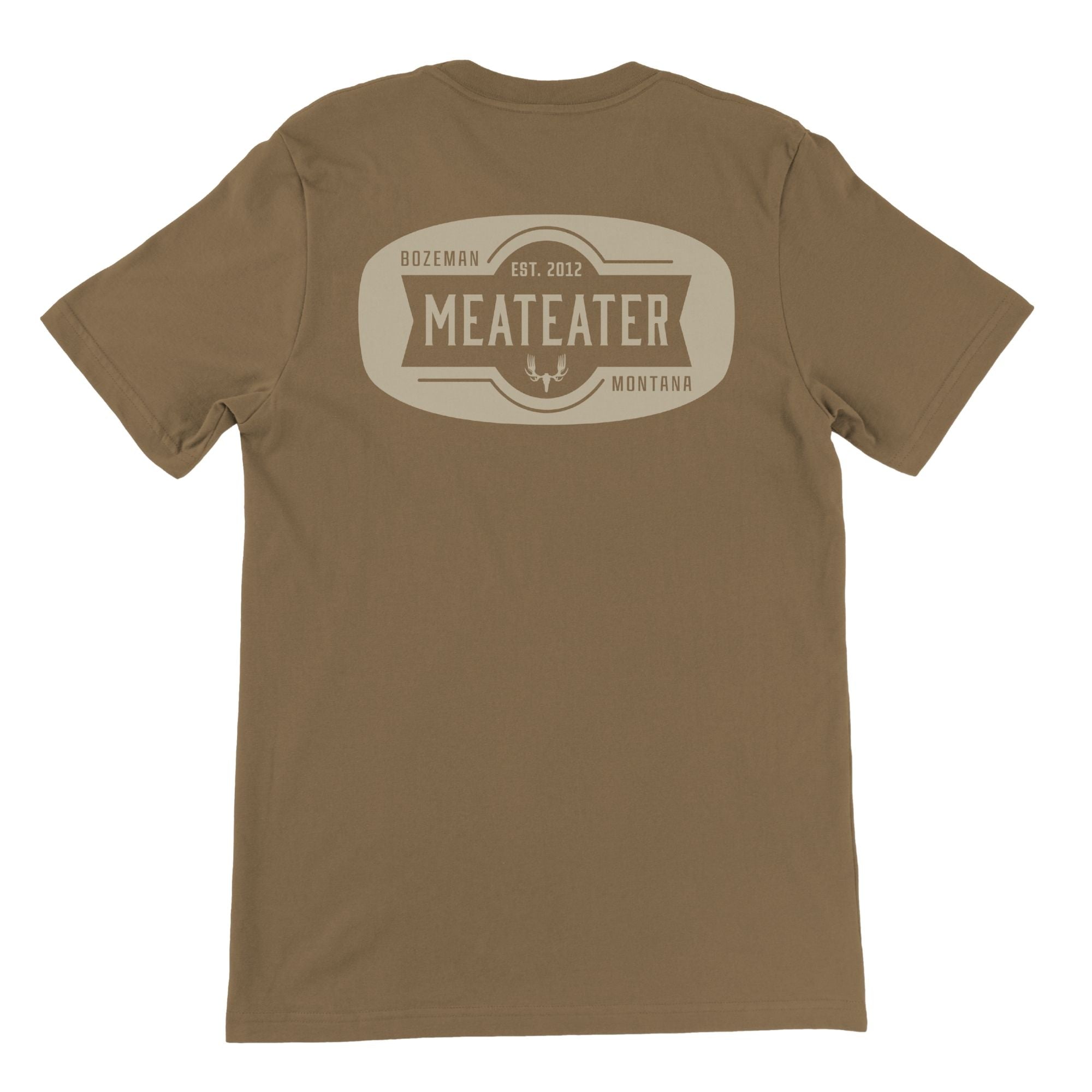 Brown t-shirt with MEATEATER branding in beige with text "Bozeman Est. 2012 Meateater Montana"
