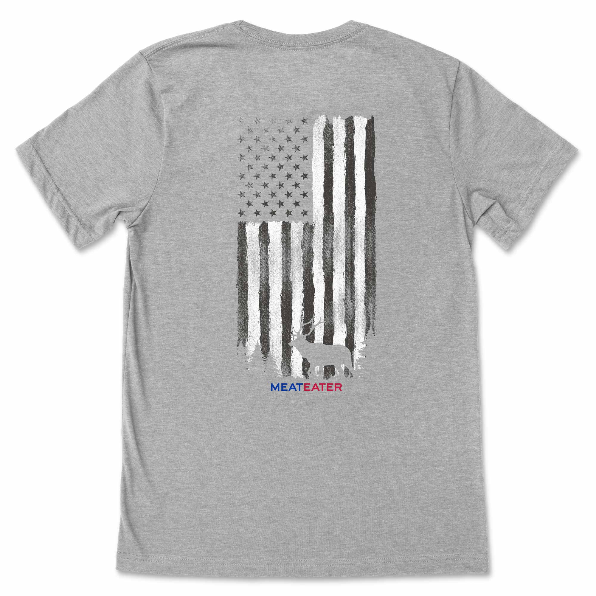 Gray t-shirt with American flag graphic and 'MEATEATER' logo on a white background