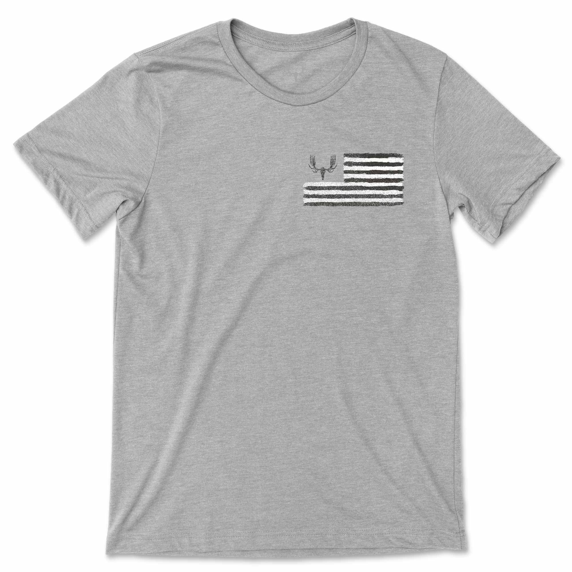 Grey t-shirt with MeatEater flag graphic on a white background