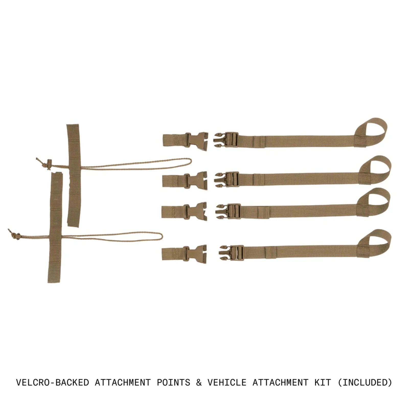 Tan attachment kit with 4 buckle straps and 2 Velcro attachment points.