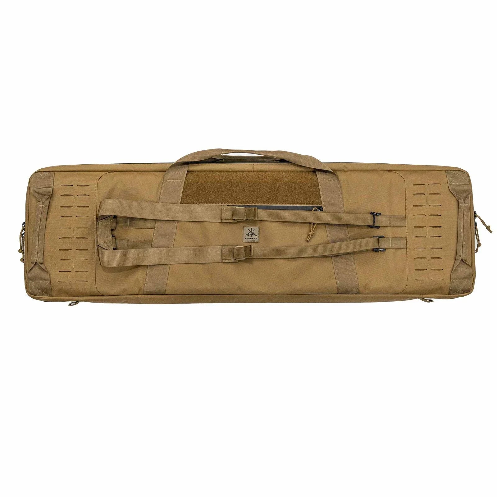 Tan rifle case with top handle, adjustable straps, MOLLE webbing, and velcro patch.