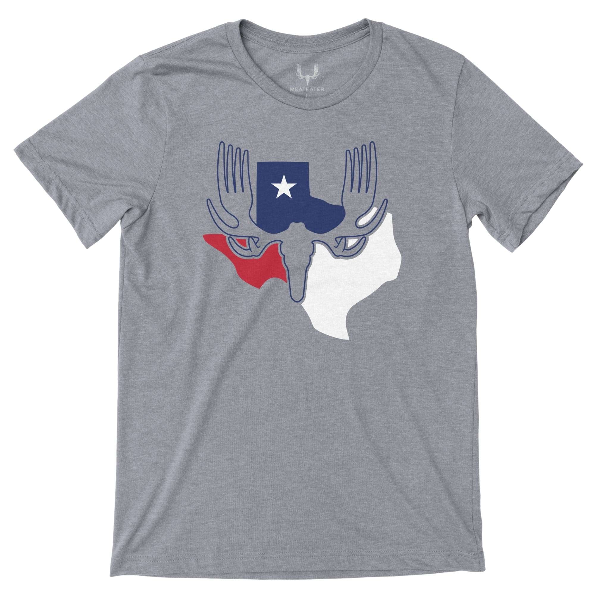 Grey heather T-shirt with Texas flag in red, blue and white at the center and MEATEATER logo on top of it.
