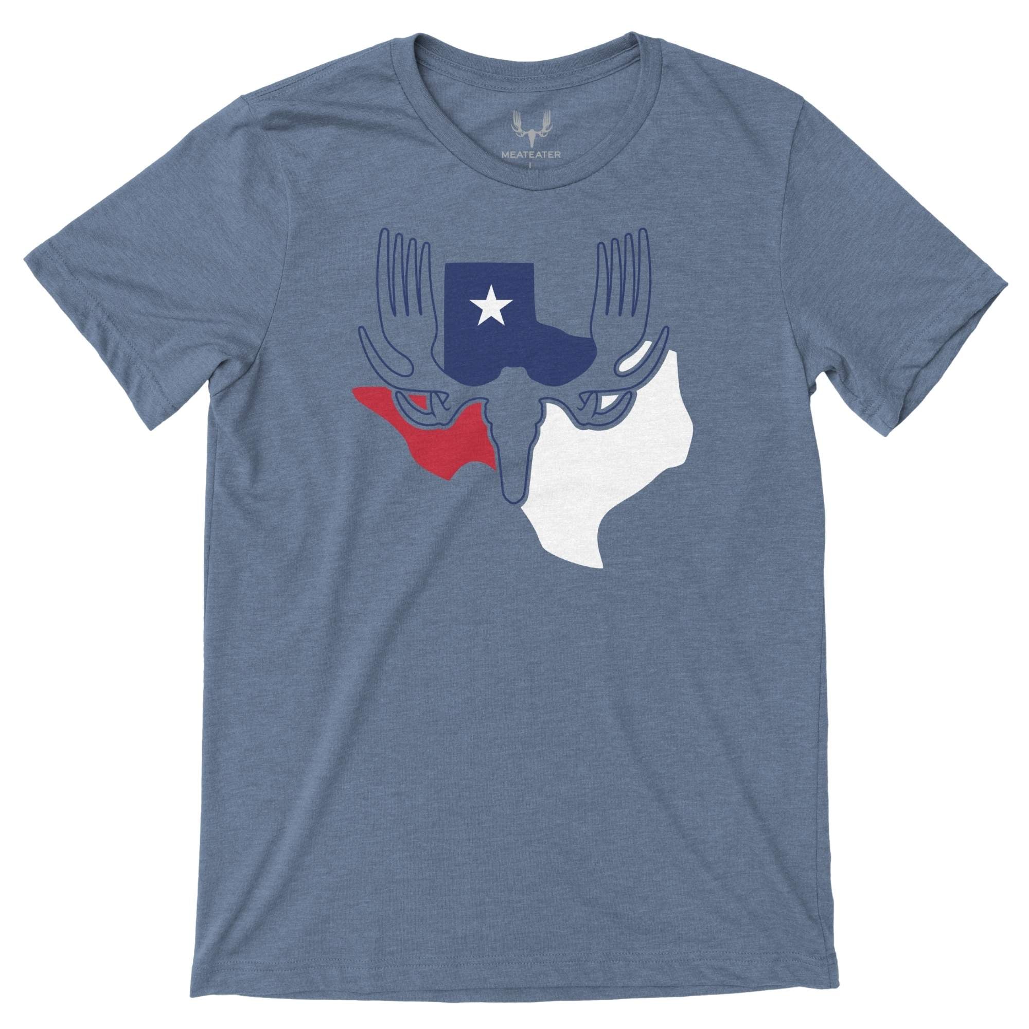 Light blue heather T-shirt with Texas flag in red, blue and white at the center and MEATEATER logo on top of it.