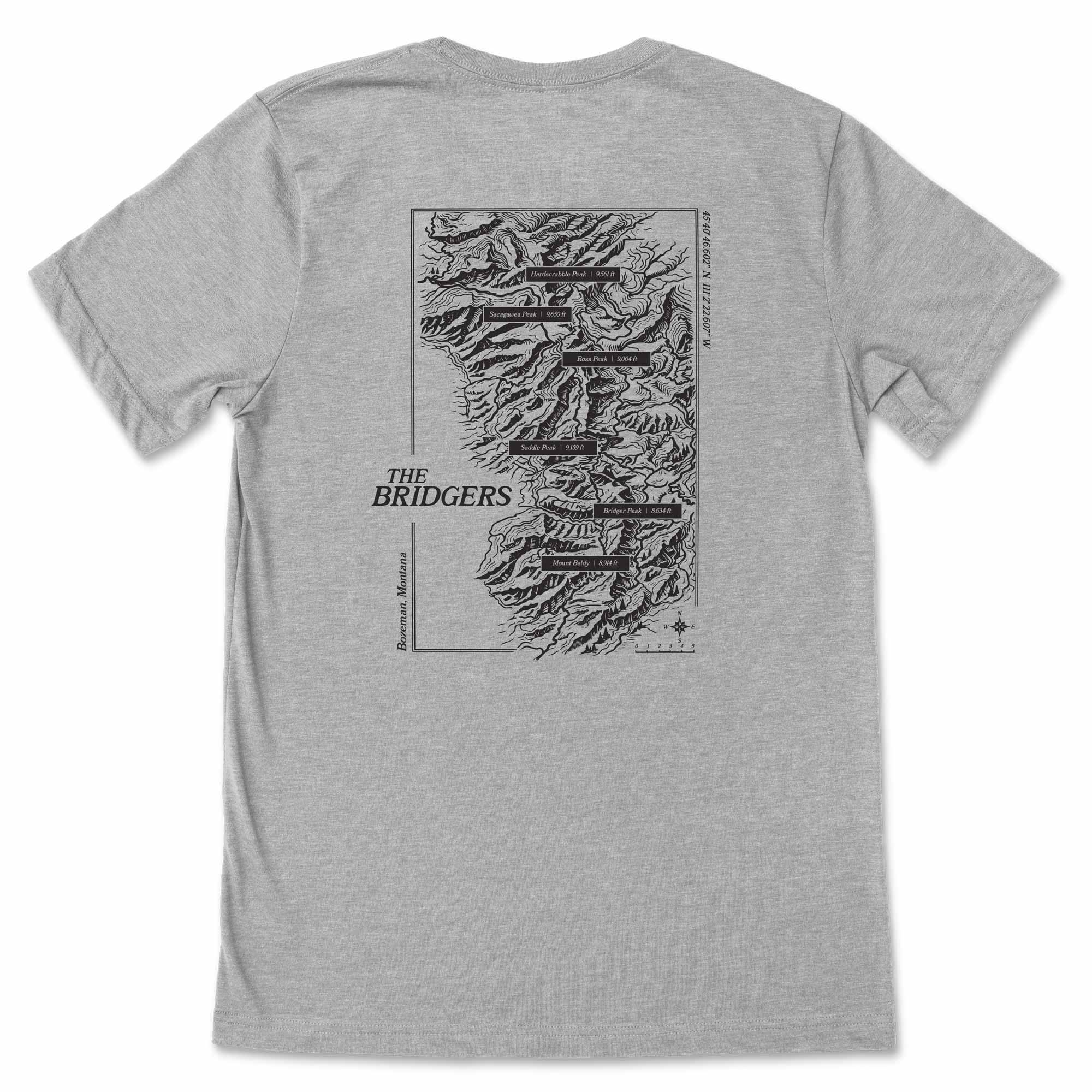 Gray t-shirt with topographic map design on the back against a white background