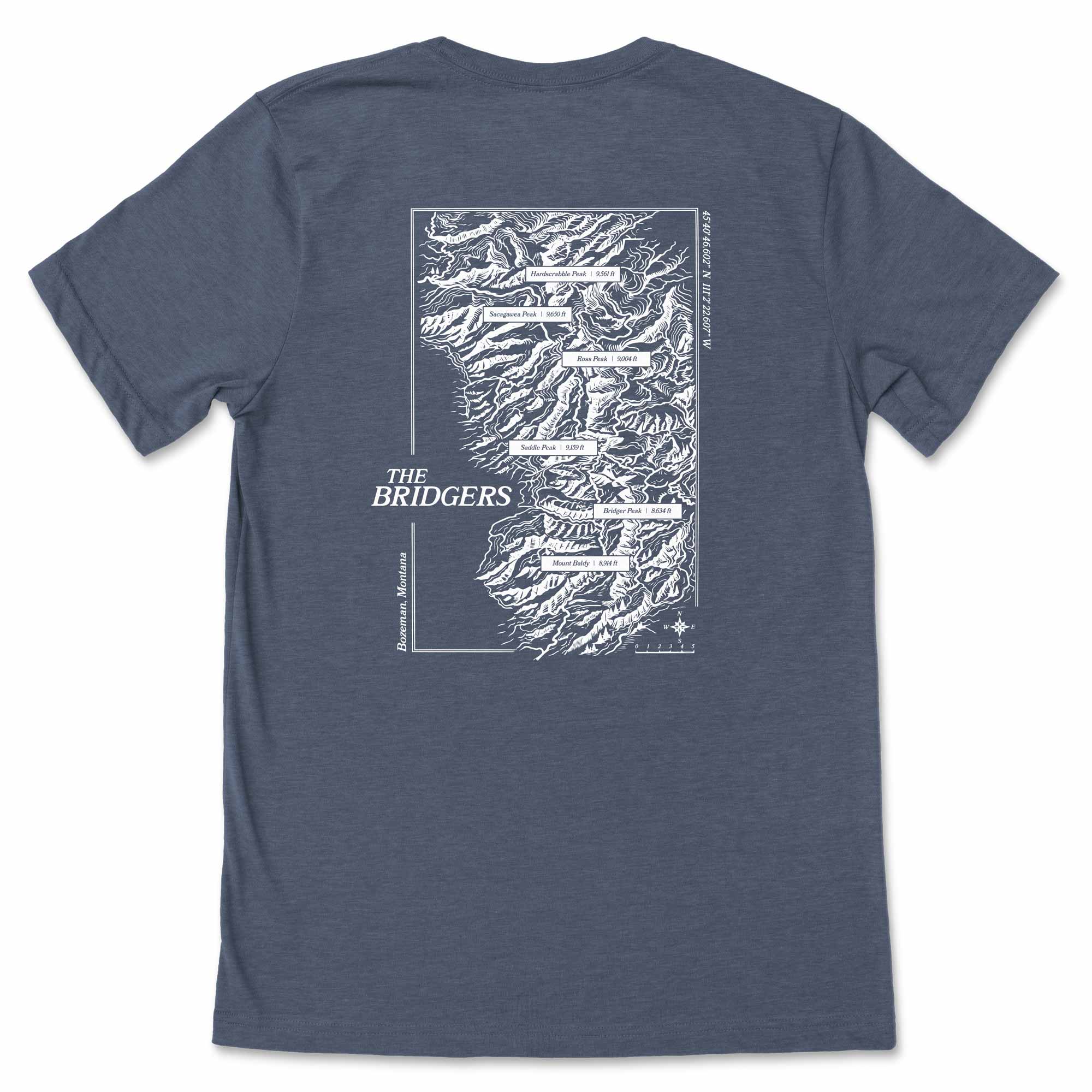 Blue t-shirt with white topographic design and text on a white background