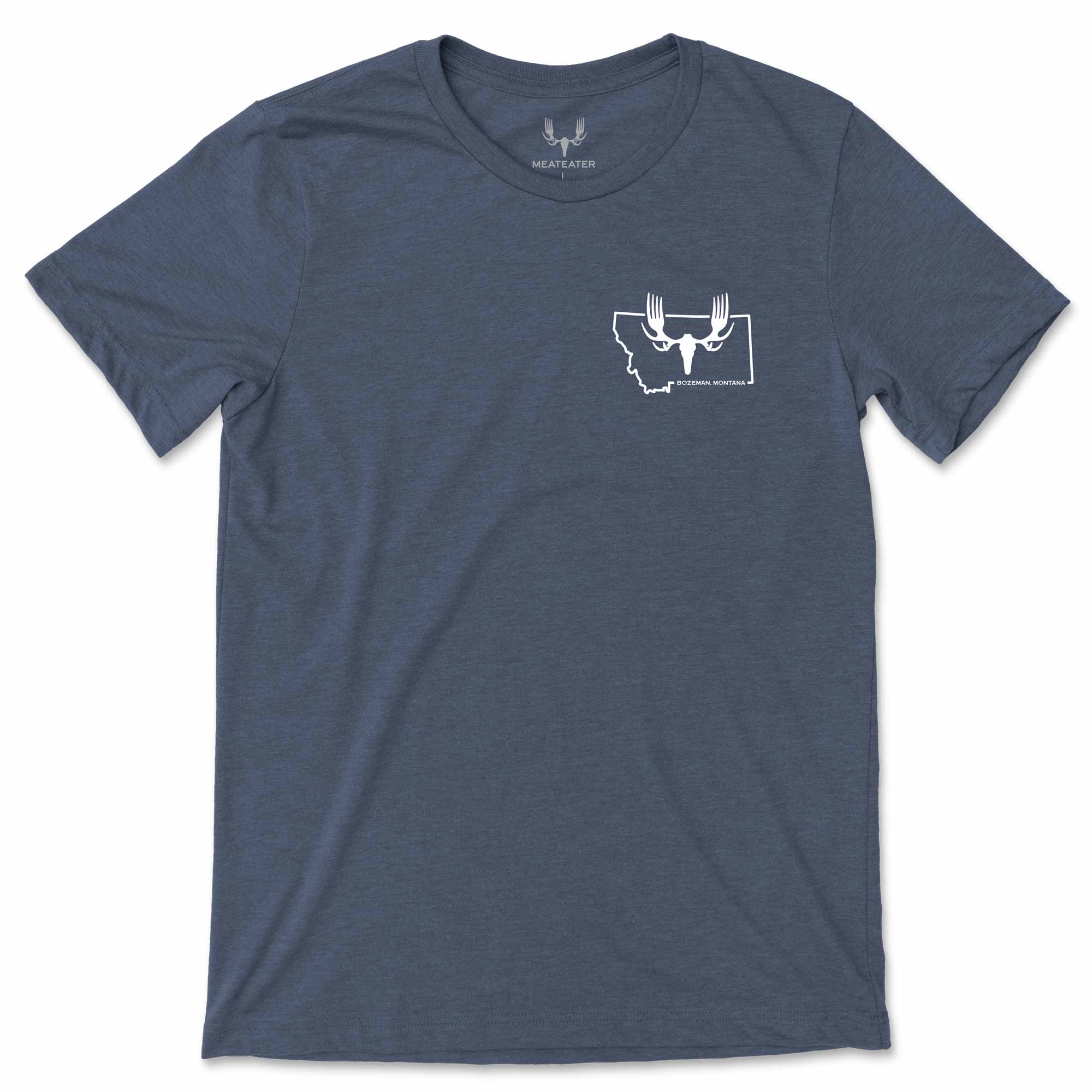 Blue t-shirt with a white graphic on a white background