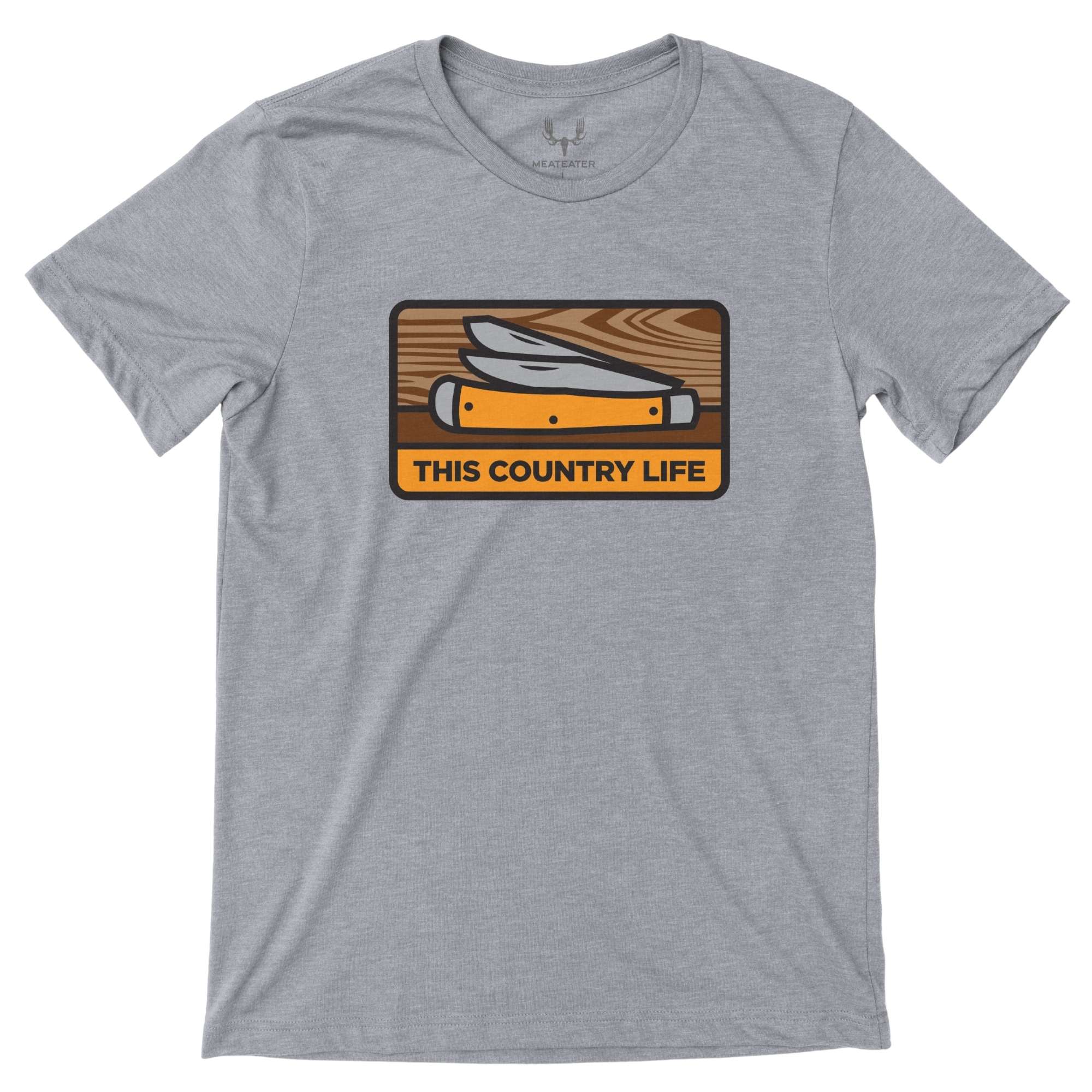 Heather grey t-shirt featuring an orange folding knife graphic on wood with 'THIS COUNTRY LIFE' text.
