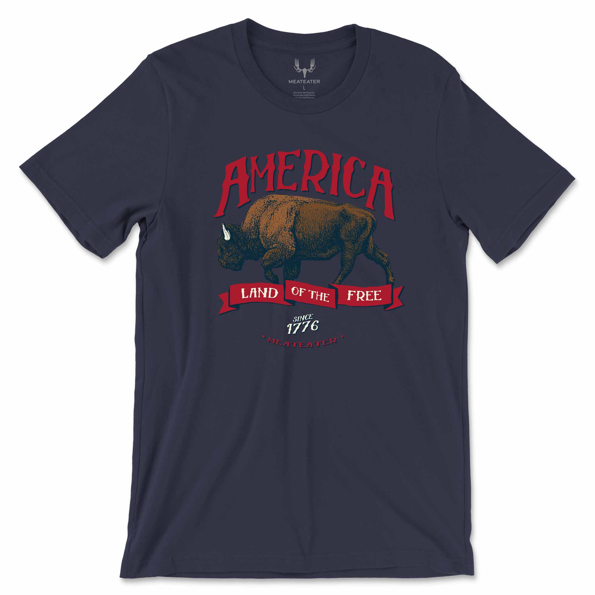Navy blue t-shirt with a graphic of a bison and text on a white background
