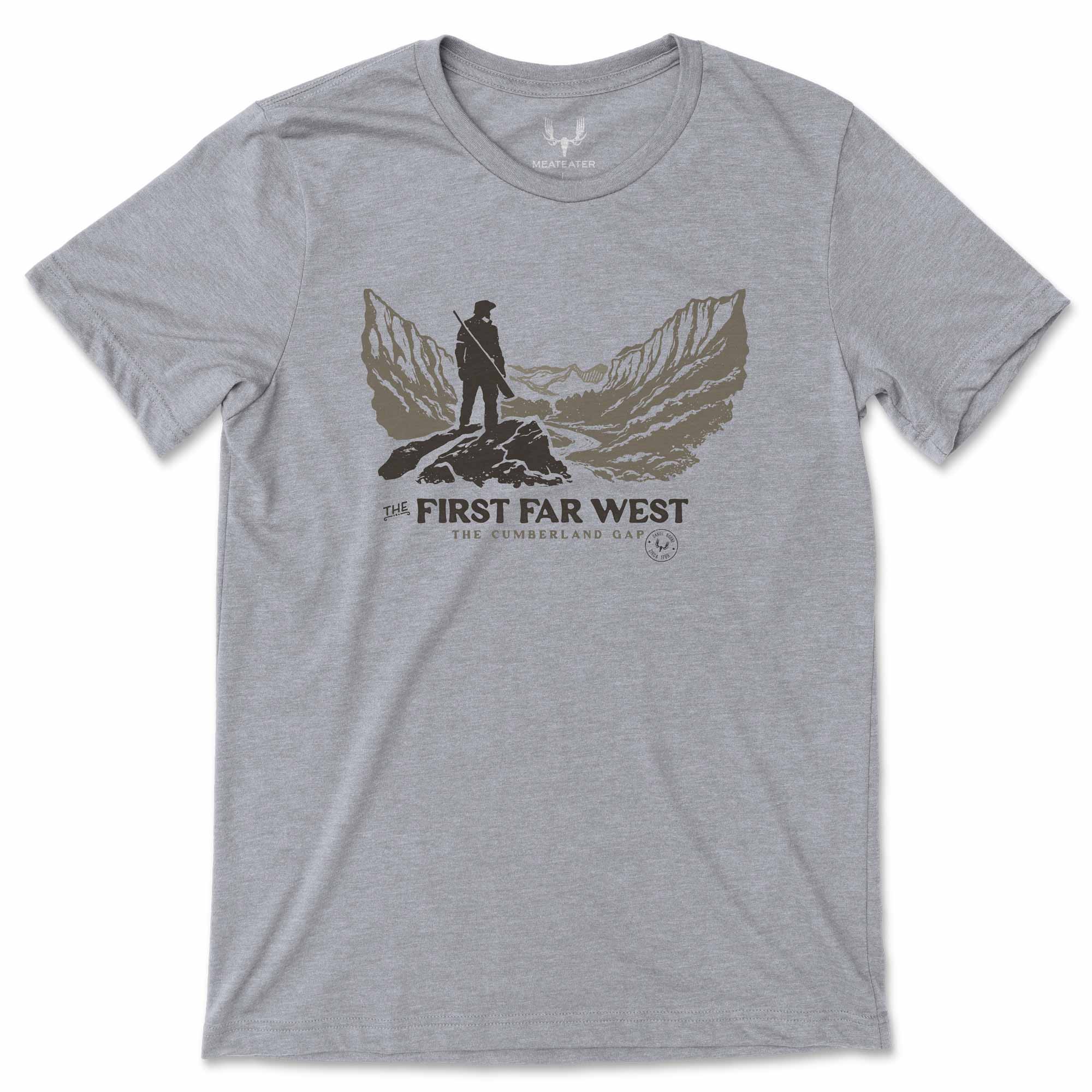 Grey t-shirt with a man in a mountain gap, with text saying "The First Far West, The Cumberland Gap" with the MeatEater Time Machine logo.