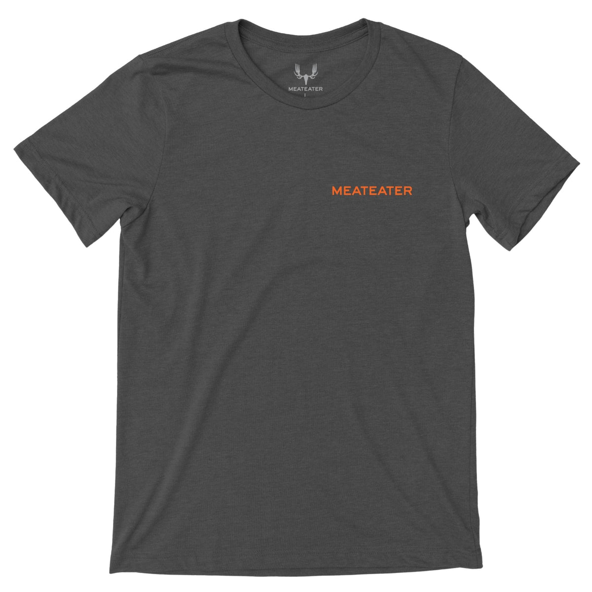 Charcoal heather T-shirt featuring MEATEATER branding in orange on the left chest.